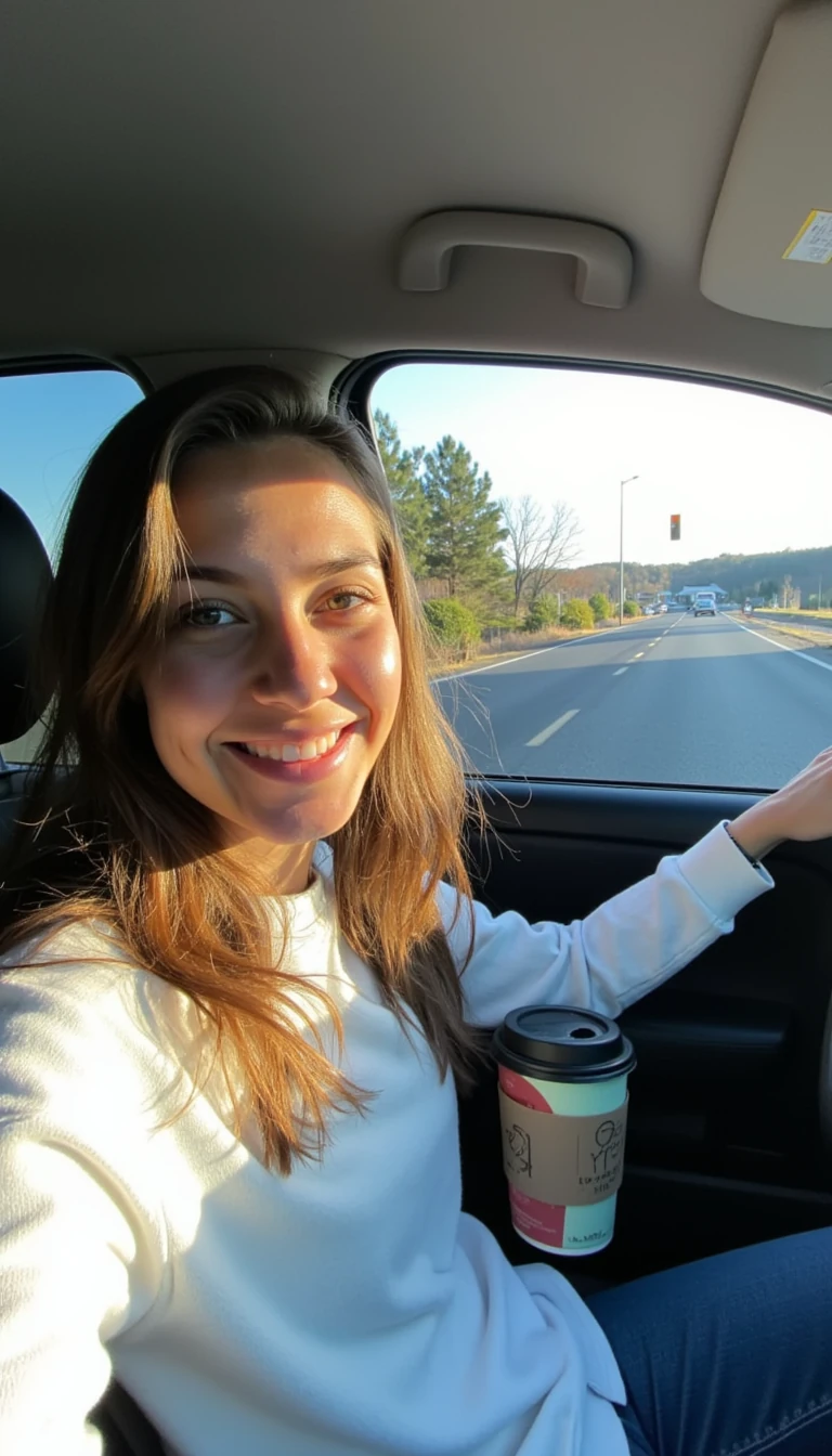 boring low quality snapchat photo circa 2015, A young woman with a warm smile, sitting in the driver's seat of a cozy car. She has soft, wavy brown hair cascading past her shoulders. The sunlight streams through the window, casting a gentle glow on her face. The interior of the car is neat and comfortable, with a coffee cup in the cup holder and a small plant on the dashboard. The background outside the window shows a scenic road lined with trees and blue skies
