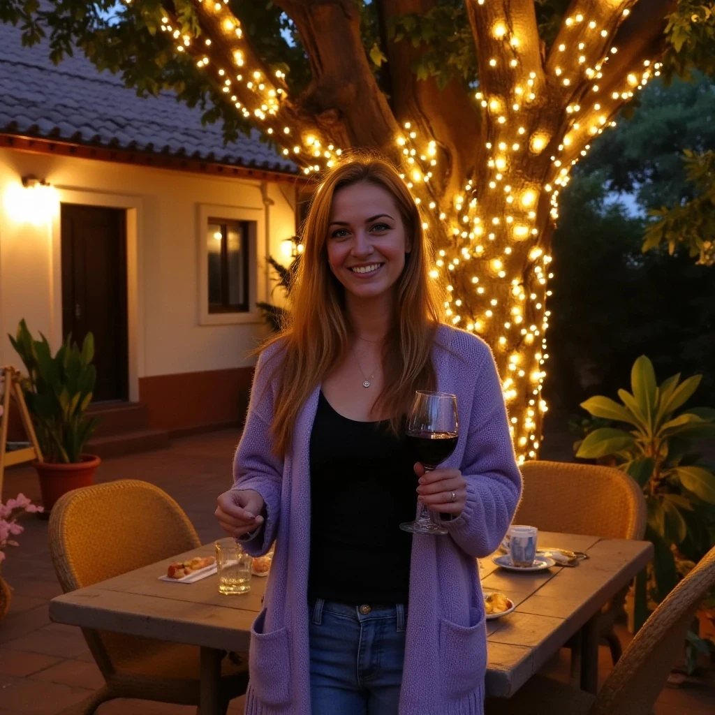A full body shot photo of a woman standing outdoors at a cozy, warmly lit patio in the evening, with soft, glowing lights wrapped around a tree behind them creating a charming atmosphere. The image is rich in detail, with warm tones and clear textures throughout. The woman has fair skin, a slim build, and long reddish-blonde hair, also worn loose. She is smiling warmly at the camera, holding a glass of red wine in her right hand, and wears a soft-textured lavender cardigan over a black top. The background features a large tree with sparkling string lights wrapped around its trunk and branches, adding a magical touch to the scene. The setting suggests a private outdoor seating area, with elements like terracotta-tiled roofing, greenery, and rattan chairs contributing to a serene, inviting vibe. The overall composition is balanced, with the woman framed against the softly glowing tree, and the lighting enhances the warm, intimate feel of a quiet evening shared among friends. The details are vivid, with textures of clothing, skin, and background elements clearly visible, while the warm lighting creates a relaxed and joyful mood