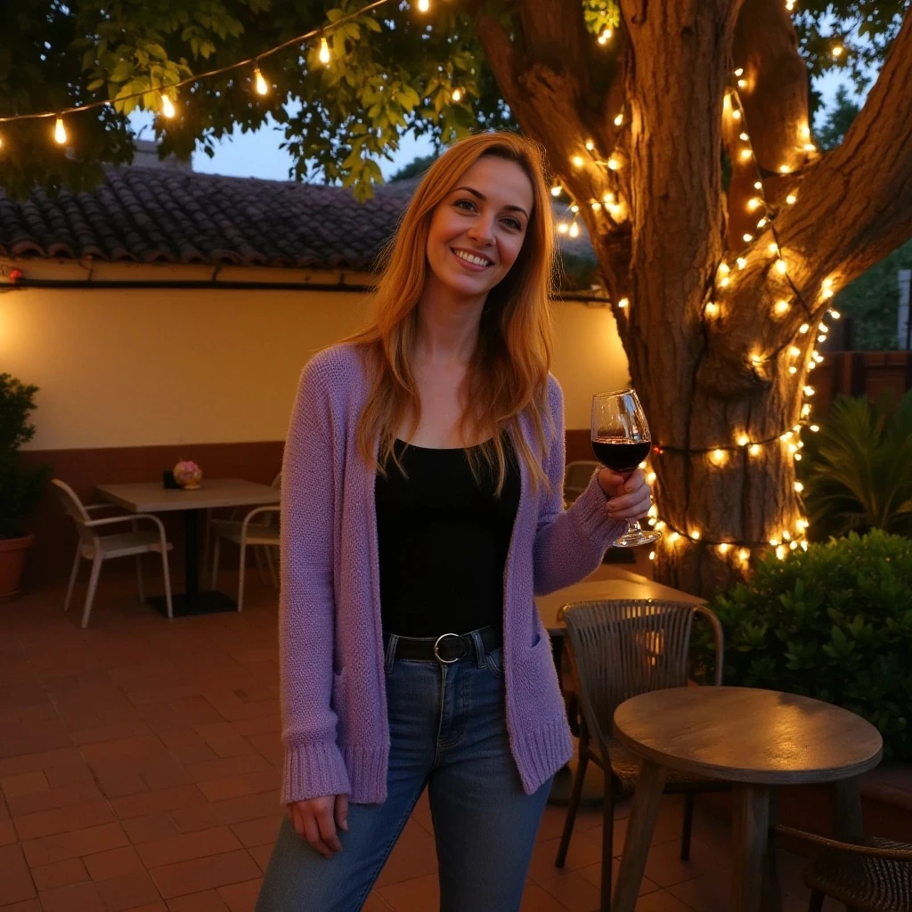 A full body shot photo of a woman standing outdoors at a cozy, warmly lit patio in the evening, with soft, glowing lights wrapped around a tree behind them creating a charming atmosphere. The image is rich in detail, with warm tones and clear textures throughout. The woman has fair skin, a slim build, and long reddish-blonde hair, also worn loose. She is smiling warmly at the camera, holding a glass of red wine in her right hand, and wears a soft-textured lavender cardigan over a black top. The background features a large tree with sparkling string lights wrapped around its trunk and branches, adding a magical touch to the scene. The setting suggests a private outdoor seating area, with elements like terracotta-tiled roofing, greenery, and rattan chairs contributing to a serene, inviting vibe. The overall composition is balanced, with the woman framed against the softly glowing tree, and the lighting enhances the warm, intimate feel of a quiet evening shared among friends. The details are vivid, with textures of clothing, skin, and background elements clearly visible, while the warm lighting creates a relaxed and joyful mood