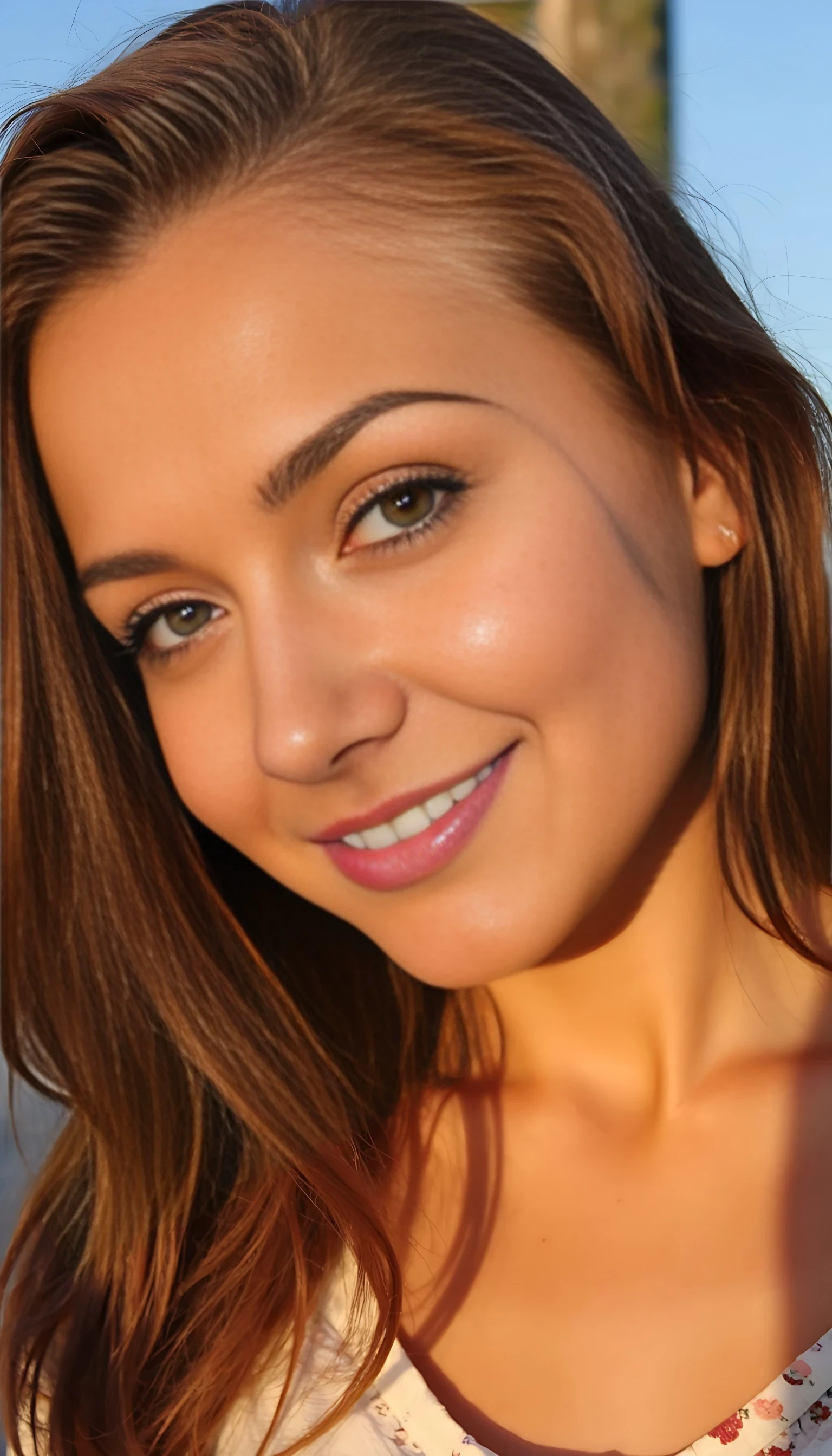 A high-angle selfie with her head tilted up, smiling with a soft wink. Hair falls around her face, glowing in sunset light.