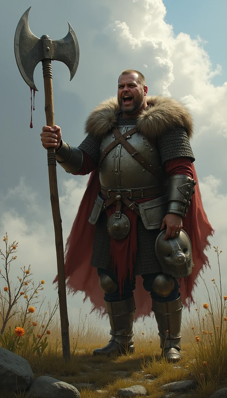 CSTMDL as Viking with a great axe and armour standing in the grass and hold the axe high over the head, he cry loud out , blood is running from the left shoulder and he hold a head in his right hand
