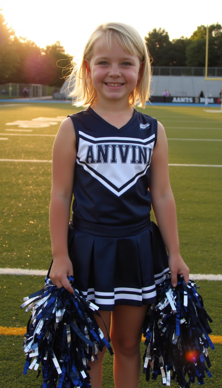 A full body shot photo of a 18 year old smiling white girl with bright blue eyes and short blond hair dressed in a cheerleader outfit on a football field holding her pom poms on a cool dawn afternoon.   