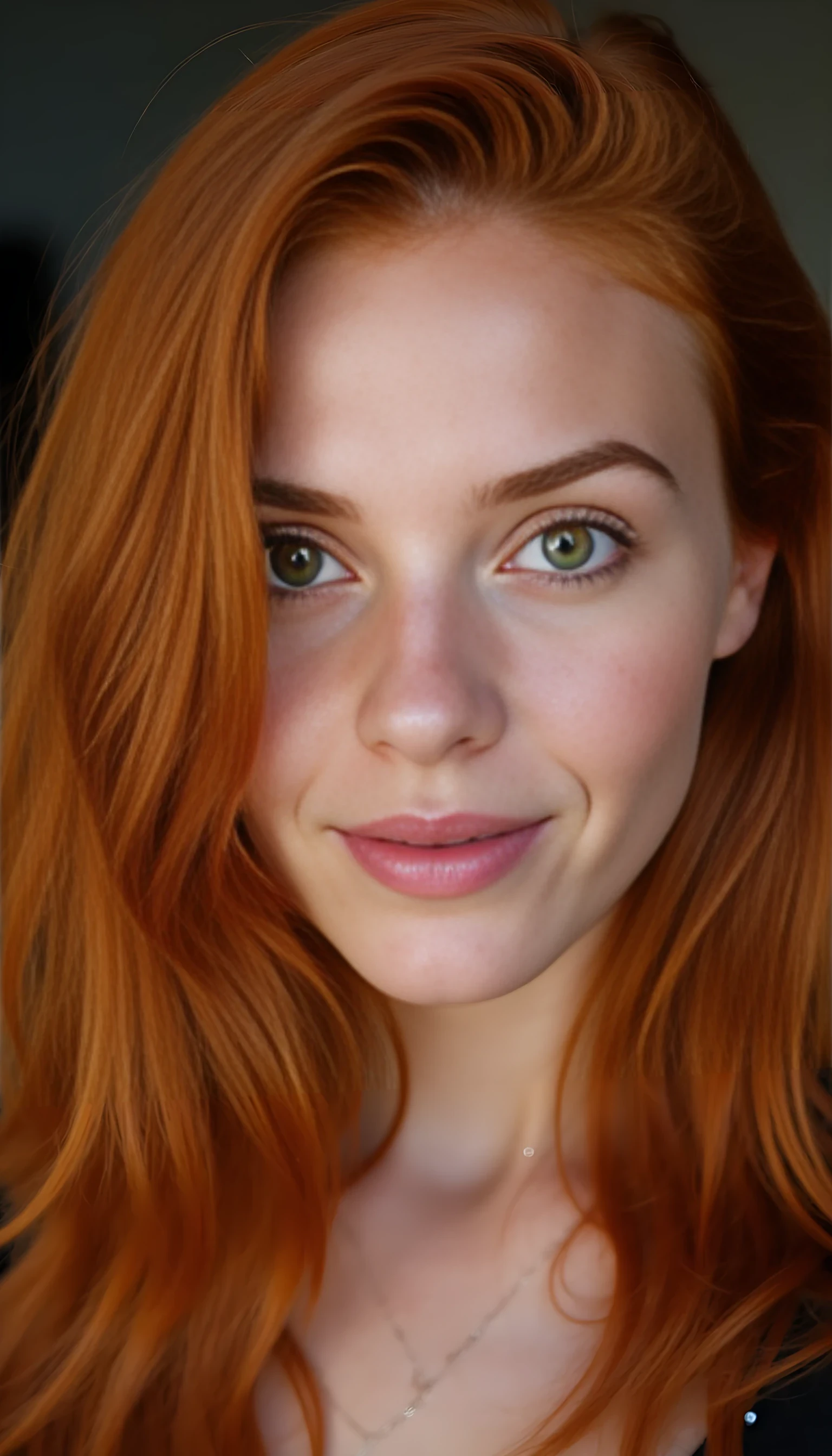 A portrait photo of a beautiful 21 years old model, mixed ethnicity of half white American half Brazilian, with deep copper red hair, golden hazel eyes, ultra detailed eyes with sharp iris reflections, slight smile, studio-quality, extremely realistic HD