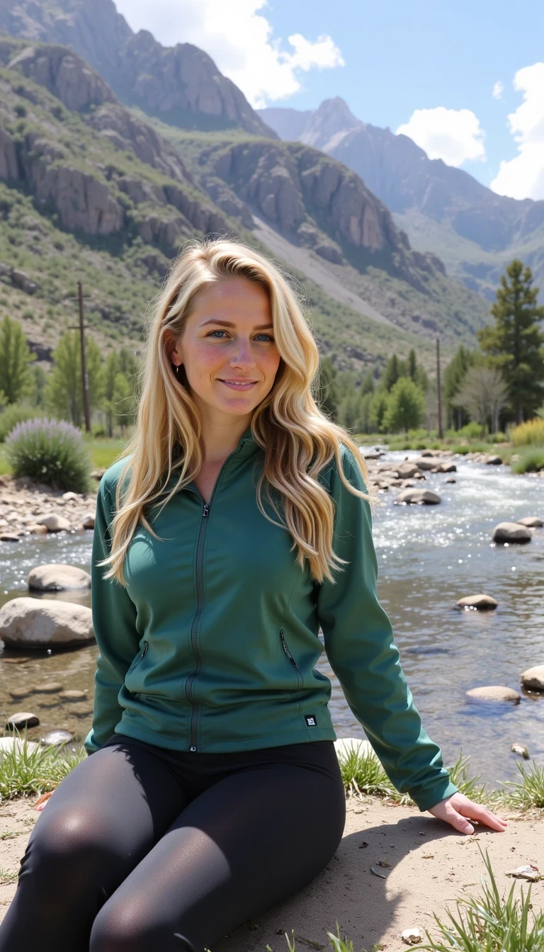 The image is a photograph featuring a young Caucasian woman, CSTMDL, with long, wavy blonde hair, sitting by a mountain stream in a green jacket and leggings, with rocky peaks and clear water reflecting the sky.