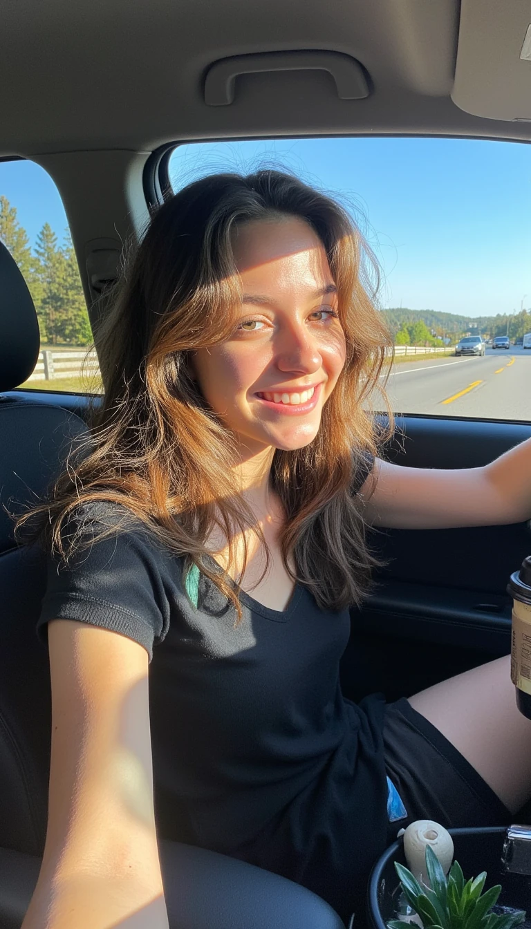 boring low quality snapchat photo circa 2015, A young woman with a warm smile, sitting in the driver's seat of a cozy car. She has soft, wavy brown hair cascading past her shoulders. The sunlight streams through the window, casting a gentle glow on her face. The interior of the car is neat and comfortable, with a coffee cup in the cup holder and a small plant on the dashboard. The background outside the window shows a scenic road lined with trees and blue skies