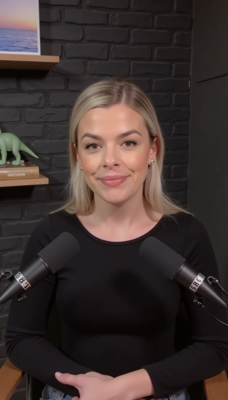 A woman with blonde hair pulled back, is speaking into a microphone. The background features a dark brick wall and a shelf with books and decorative items, including a small dinosaur figure and a picture of a serene landscape on a book cover. The setting appears to be a cozy, modern podcast studio with soft lighting. She is wearing a black bodysuit. You can see her full body as she sits in a chair. You can see her full body in the photo. 