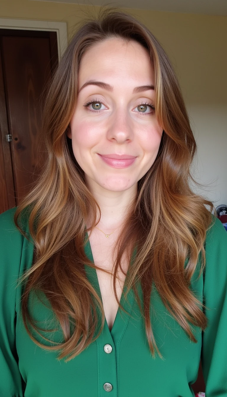 boring low quality snapchat photo circa 2015, finance girl, girl next door, half Dutch half British, light brown hair, green blouse