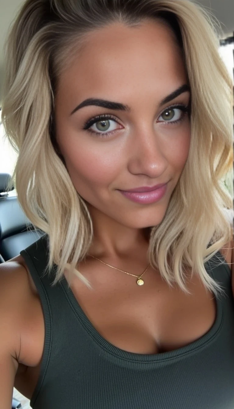 boring low quality snapchat photo circa 2015, a fit woman model as fitness influencer wearing gym outfit in the bodybuilding gym, Portraits of a young woman in her late twenties with short blonde wavy hair and green eyes. Athletic, toned and tanned. 