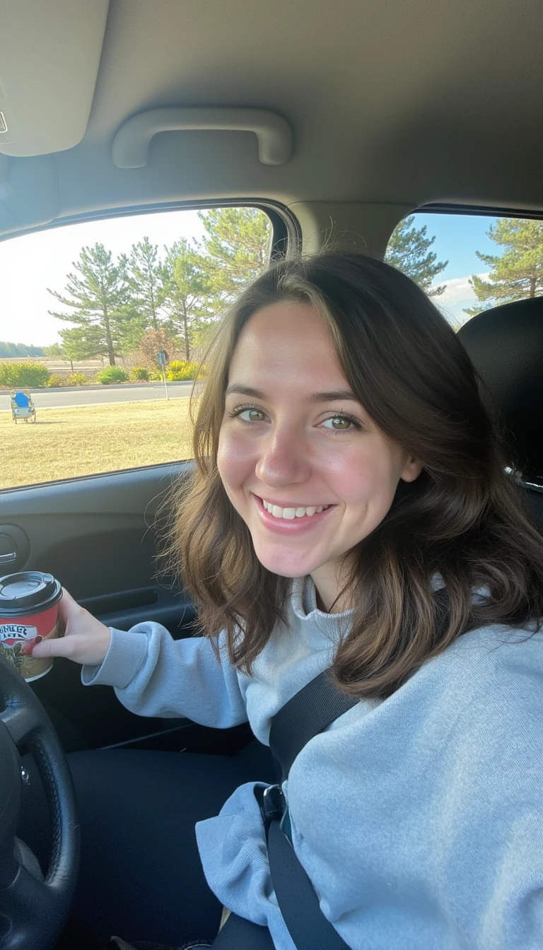 boring low quality snapchat photo circa 2015, A young woman with a warm smile, sitting in the driver's seat of a cozy car. She has soft, wavy brown hair cascading past her shoulders. The sunlight streams through the window, casting a gentle glow on her face. The interior of the car is neat and comfortable, with a coffee cup in the cup holder and a small plant on the dashboard. The background outside the window shows a scenic road lined with trees and blue skies