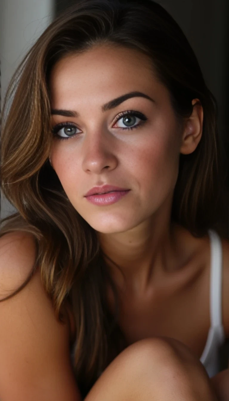 close-up of a feminine woman with big soft blue eyes, long dark lashes, defined cheekbones, wavy brown hair cascading over one shoulder, sensual yet innocent expression, slightly open lips, natural glossy skin texture, shot in soft lighting with shallow depth of field, polish girl, sitting
