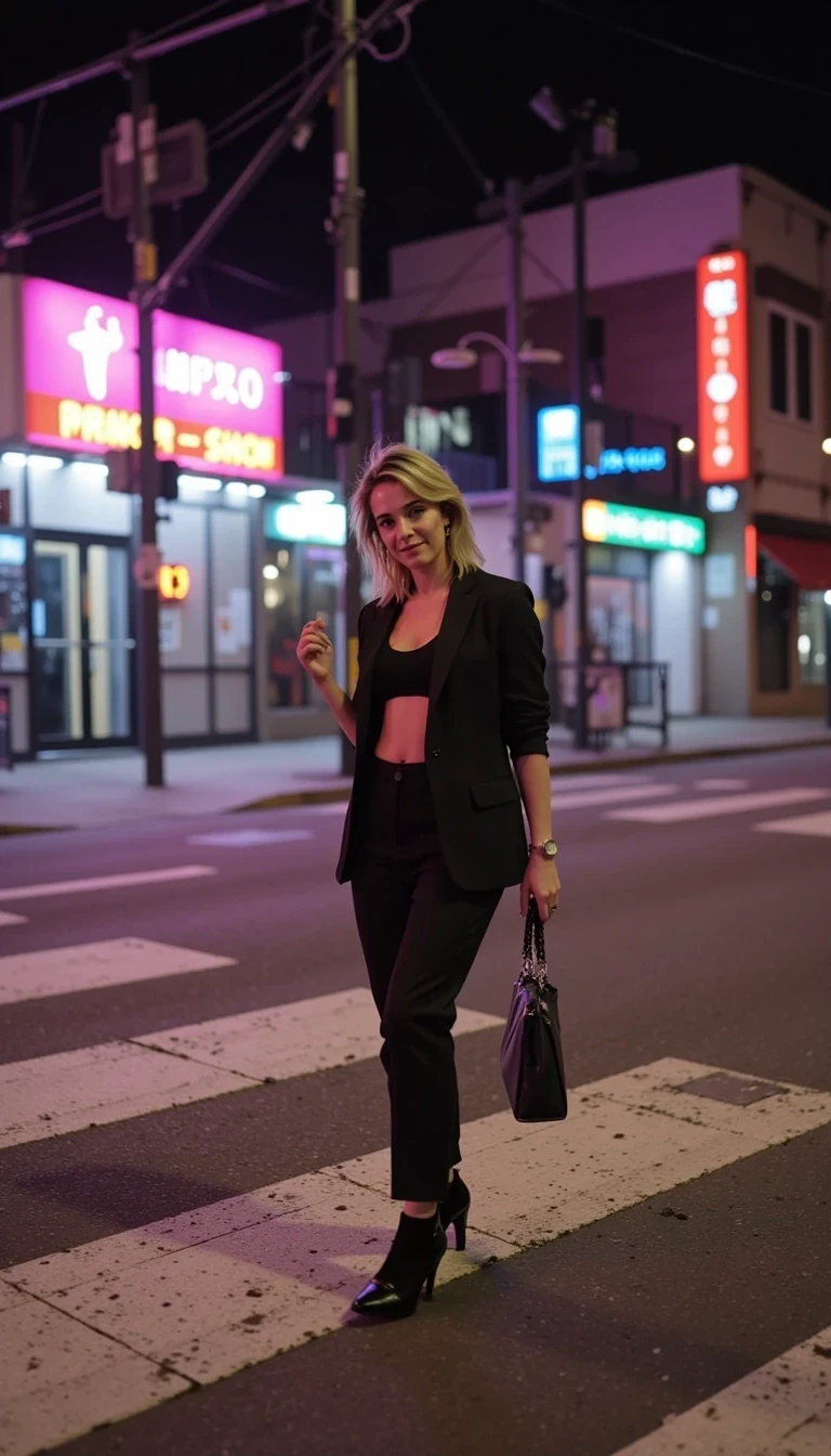 Lower-quality iPhone photo of CSTMDL walking across a crosswalk at night, neon shop signs glowing. She gives a sly smirk toward the camera, one eyebrow raised like she owns the street.