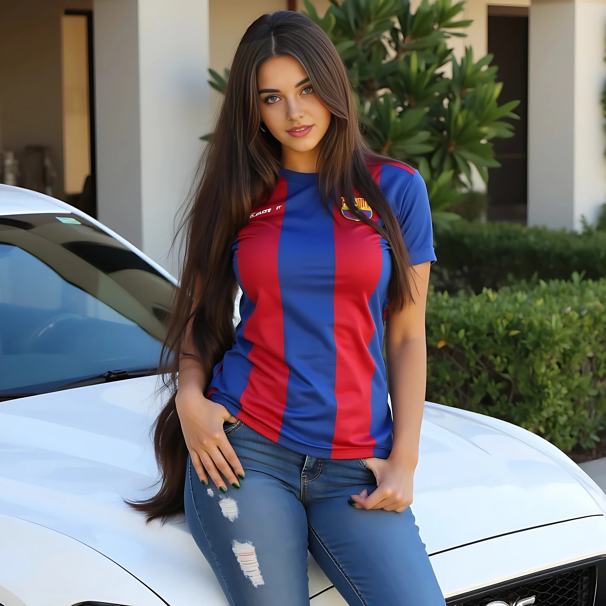 create an ultra-realistic highly detailed full body image of a 19 year old Serbian woman with a stunning hourglass figure: curvy, thin, and beautiful, featuring a flat tummy, big hips, and perfect medium sized breasts. purely natural. Her skin is tan and sunkissed. She stands at 5'9", embodying the epitome of allure and charm with her Slavic facial features. Her captivating baby blue eyes and very long long, luscious, full, natural baby brown hair enhance her mesmerizing presence. her hair surpasses her breasts in length, she is dressed in a blue and red barcelona soccer t shirt and jeans, leaning aganist a white mustang outside of a hotel setting. she is looking directly into the camera. Her expression is one of confidence and allure, making her every man's dream girl. Focus on extreme realism, especially in her facial details. ultra detailed hands and finger nails. her nails are painted dark green. her hair is almost to her waist in length. perfectly detailed hands.