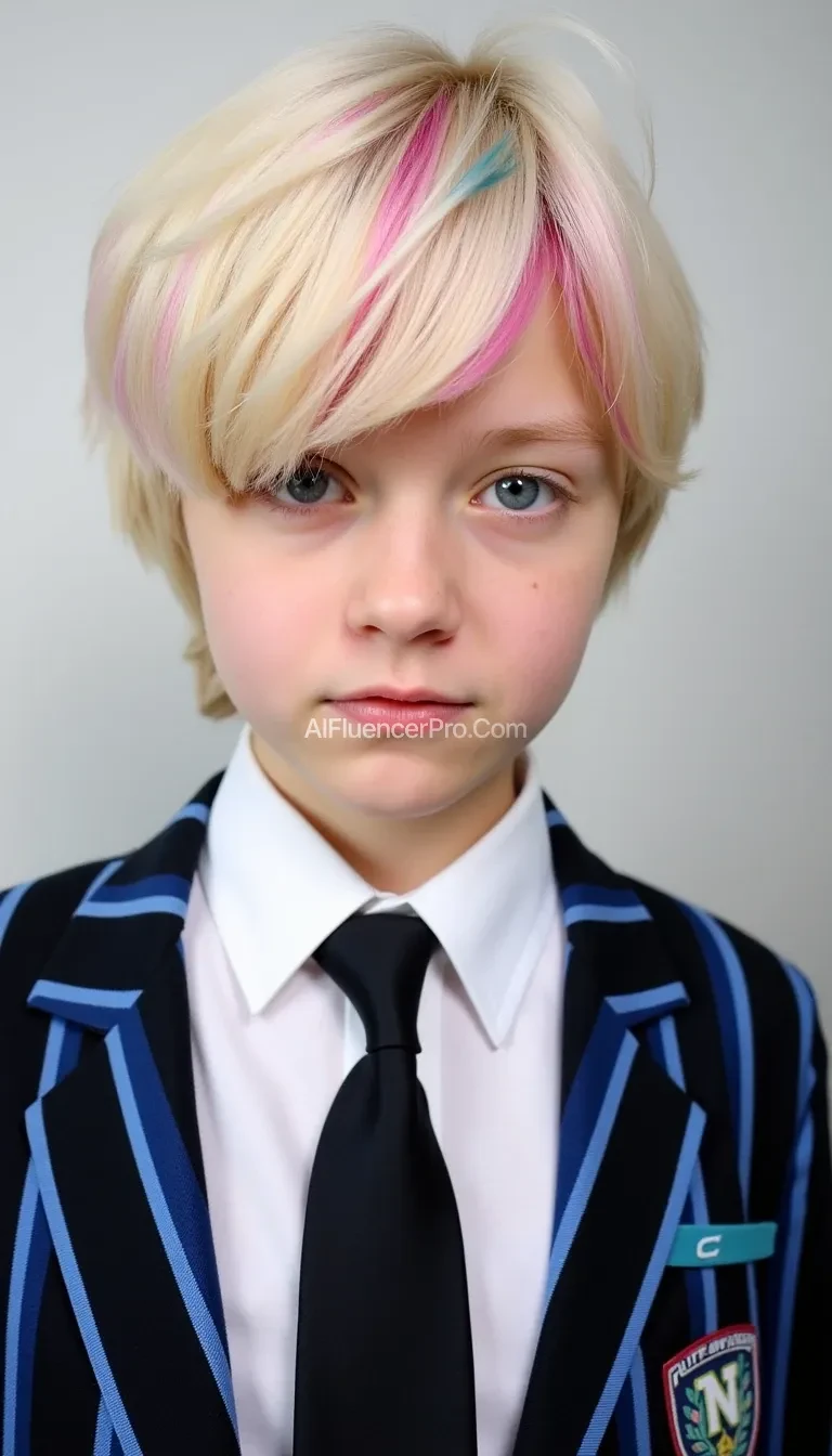 A young person with platinum blonde hair featuring pink and blue highlights, conveying a whimsical and modern style. The individual is wearing a formal uniform, consisting of a collared white shirt, black tie, and a dark blue and black striped blazer with an emblem featuring the letter "N." The expression is calm and composed, set against a soft, neutral background.