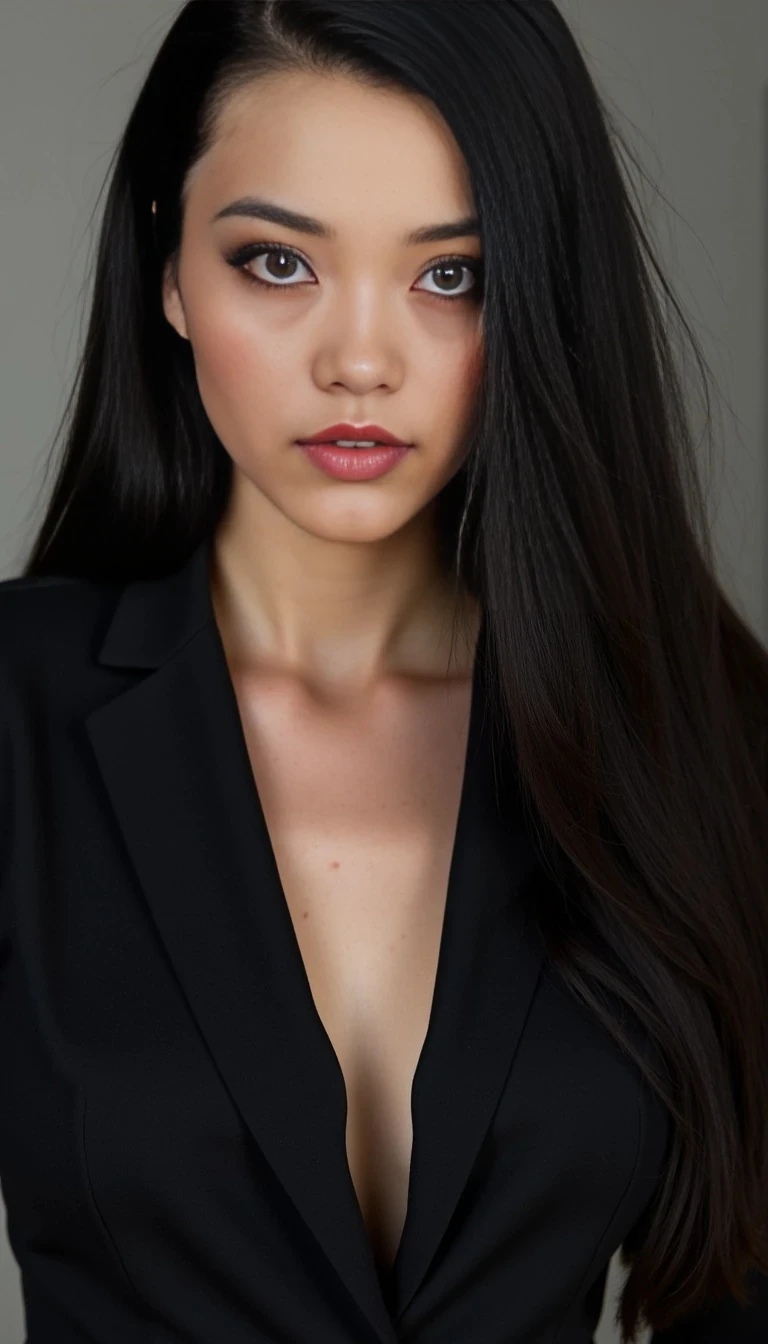 boring low quality snapchat photo circa 2015, woman model wearing (black lingerie garterbelts black lingerie garterbelts black stockings stockings), feminine hourglass in front of luxury villa, suit, classy, intelligent, a stunning woman with pale ivory skin and sharp, defined facial features, high cheekbones, almond-shaped grey-green eyes with a piercing gaze, subtle smoky eye makeup, full natural lips, small beauty mark under her left eye, straight long black hair with a middle part, slightly serious expression, cinematic lighting, ultra realistic face, soft shadows, femme fatale aesthetic