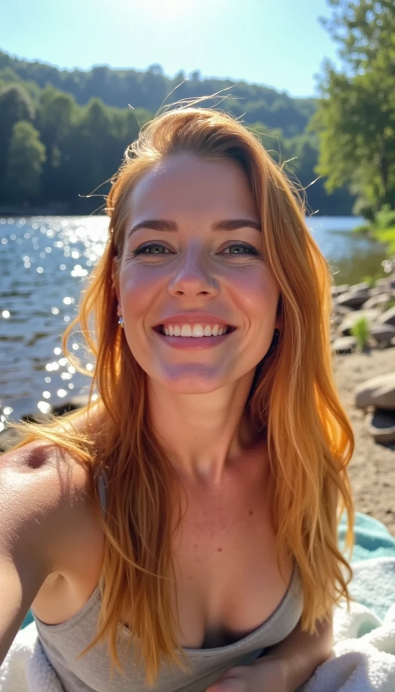 A low quality snapchat selfie photo CSTMDL reddish hair with sun-kissed skin lying flat but playfully on a towel by the lake, wearing only her bikini bottoms. Her reddish hair glows in the sunlight, slightly tousled by the breeze. She’s smiling with a teasing, confident look — carefree and full of summer energy. The water sparkles behind her, reflecting the blue sky and lush trees. The atmosphere feels light, warm, and flirty — like a spontaneous lakeside escape captured in perfect golden-hour lighting.
