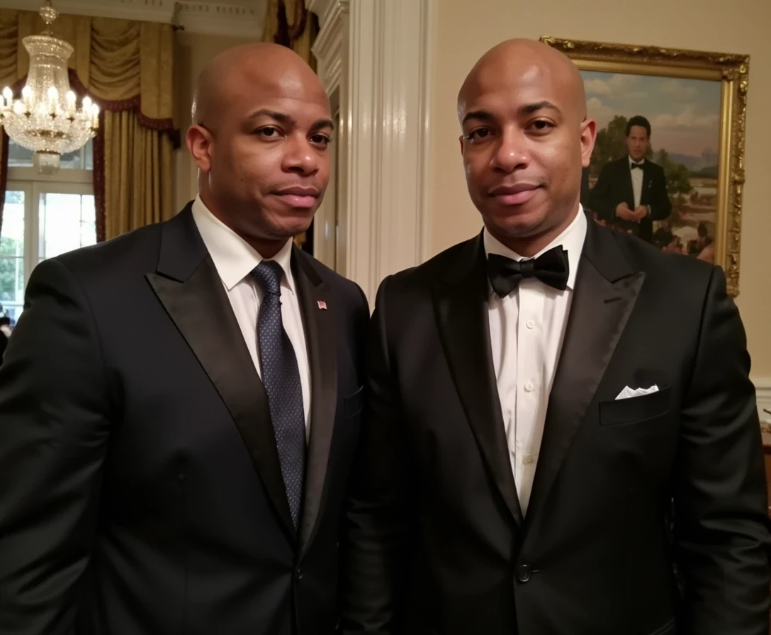 White House party , fitted suit  and supermodel date,  same face of Carter with bald head, lean look, cstmdl