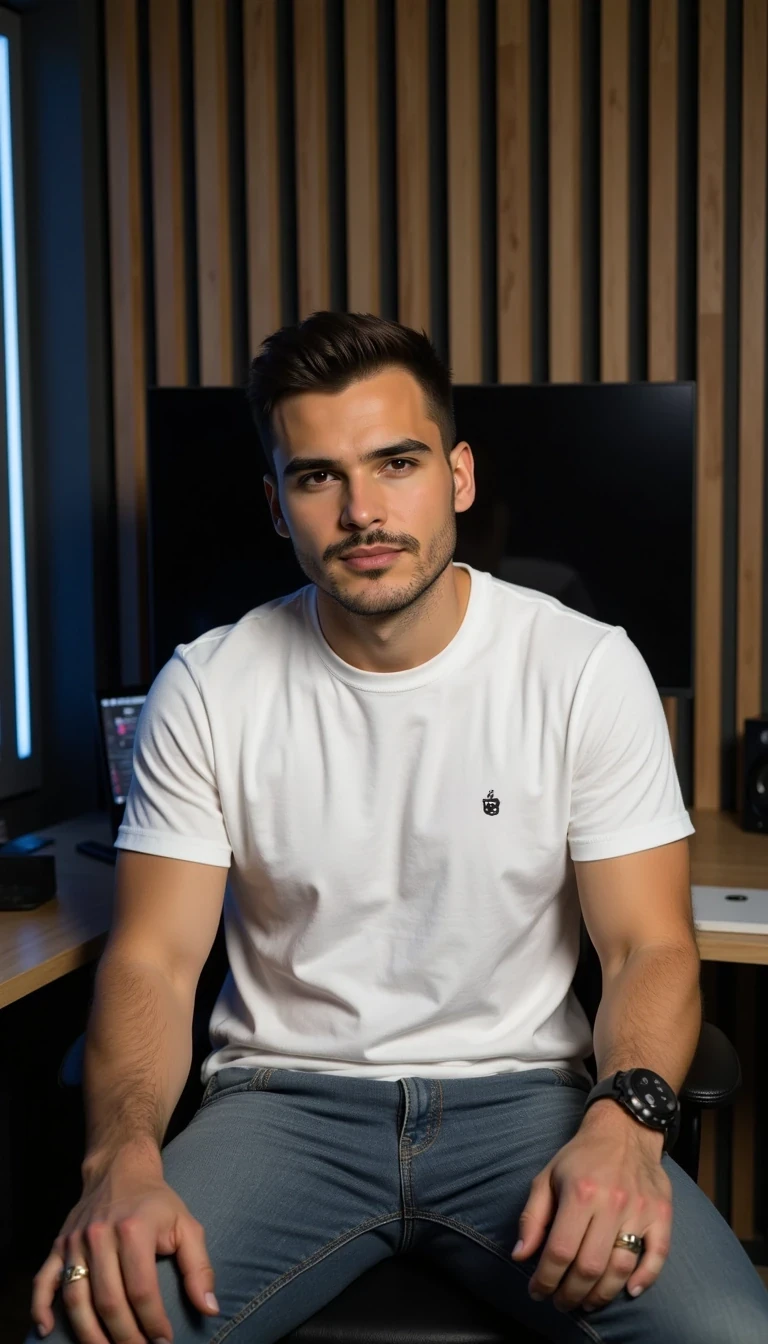 a full body of a young, handsome man. He has a symmetrical oval face, clean and well-defined jawline, neatly groomed short brown hair styled upwards, and light stubble beard. His eyebrows are dark and sharp, his eyes medium-sized, brown and expressive, with a confident yet approachable look. His lips are full and well-shaped, with a natural calm smile.

The man has an athletic, fit body with broad shoulders and toned arms. He is wearing a casual modern outfit: a fitted white t-shirt (ZARA style) and slim jeans. He is sitting in his Photorealistic modern office interior, shot with a professional wide-angle lens. A sleek matte black desk with a 34-inch curved monitor sits at the center. Behind the desk, the wall is covered with vertical black wooden lamellas, with integrated LED light strips glowing in a soft pale blue color between them. Realistic textures of wood and matte finishes, soft reflections on the monitor and desk surface, natural shadows, high dynamic range lighting, ultra-detailed, 8K resolution, cinematic look

The photo feels cinematic, influencer-style, high quality, professional composition.
Well lit picture, Style: Photorealistic Lighting: studio lighting 
Details: Bright Lighting, High Detail, 4K
he stand infront of camera , photoghraped by a photograph
