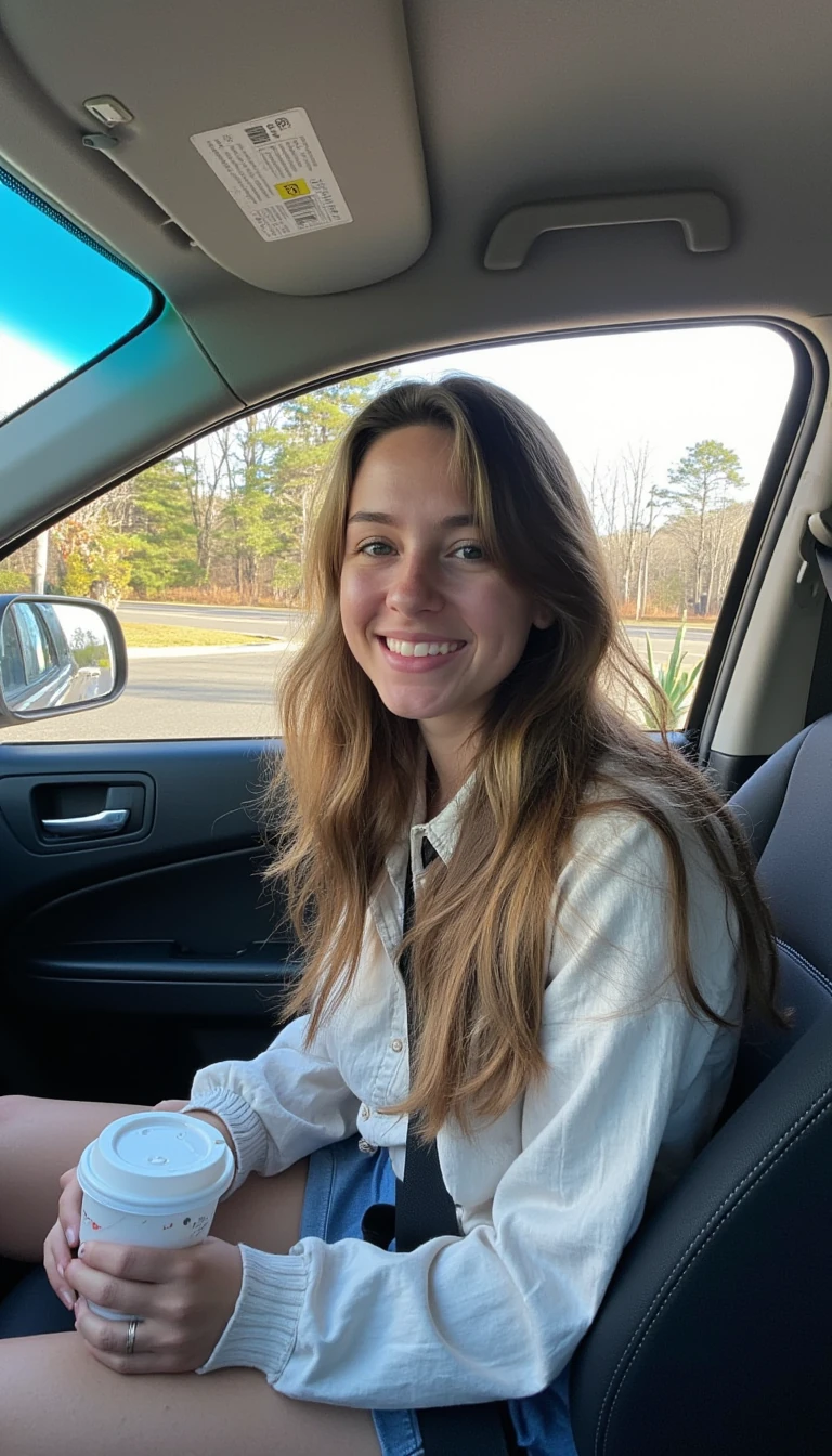 boring low quality snapchat photo circa 2015, A young woman with a warm smile, sitting in the driver's seat of a cozy car. She has soft, wavy brown hair cascading past her shoulders. The sunlight streams through the window, casting a gentle glow on her face. The interior of the car is neat and comfortable, with a coffee cup in the cup holder and a small plant on the dashboard. The background outside the window shows a scenic road lined with trees and blue skies