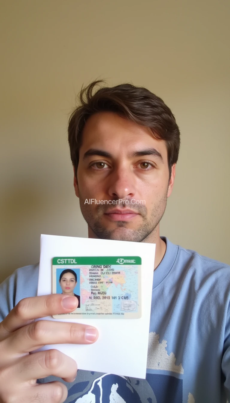 photo of man CSTMDL, holding driver license id and piece of white paper behind it, wall background, natural lighting, boring low quality snapchat photo circa 2015, selfie, cute woman 