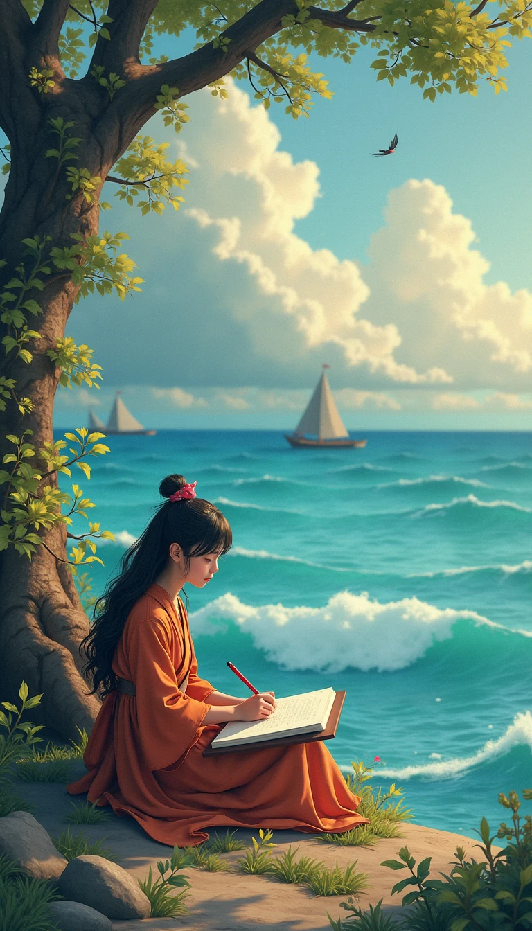 sea, Japanese atmosphere, softness, writing, box, tree, Indian, animals, colors, imagination, creativity, futuristic