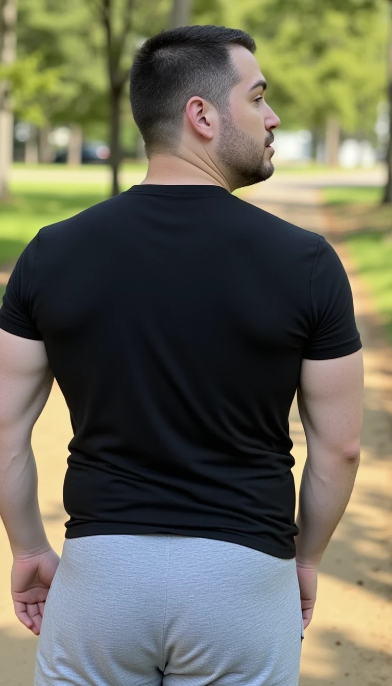 mid distance, photo of mid 40s man CSTMDL outdoors with a dad bod wearing a plain black tshirt and gray sweatpants. face not entirely visible. outline of large penis in pants. bulge