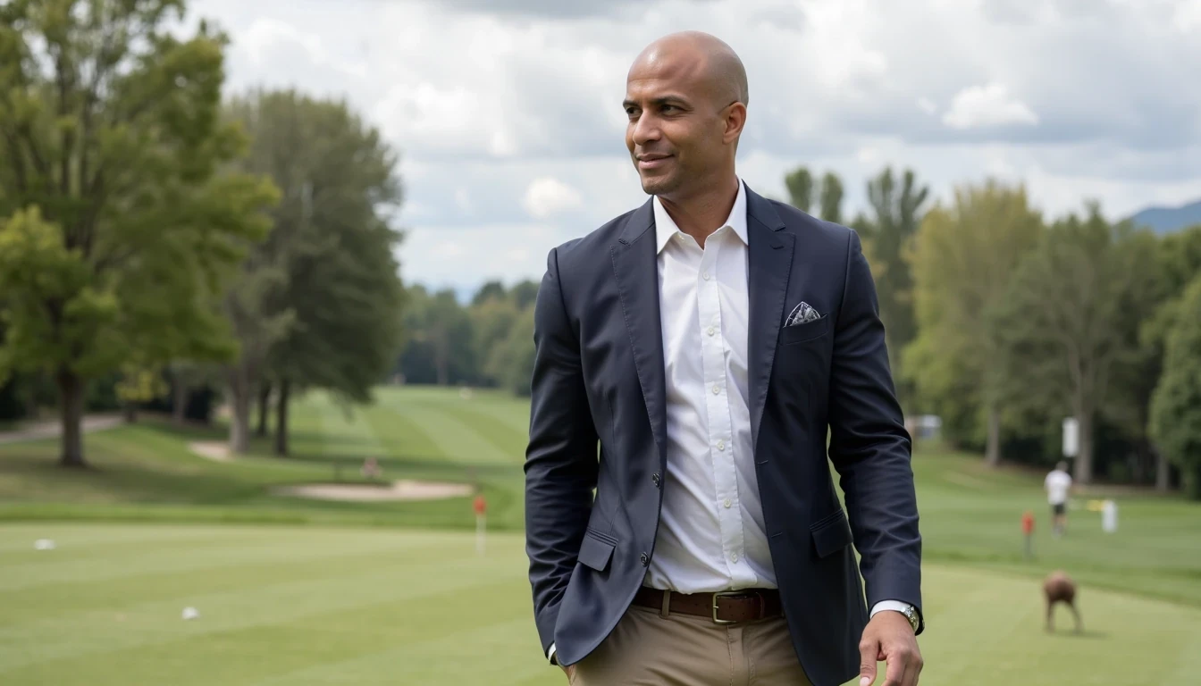 iPhone Photorealistic Full body image. make him more realistic and similar. Tech CEO, He is wearing a collared white shirt and sport coat , tan khakis. Slim but muscular build. He is walking away and looking away from the camera, watching polo. He looks like a confident stud, CSTMDL, Face of Carter and bald head