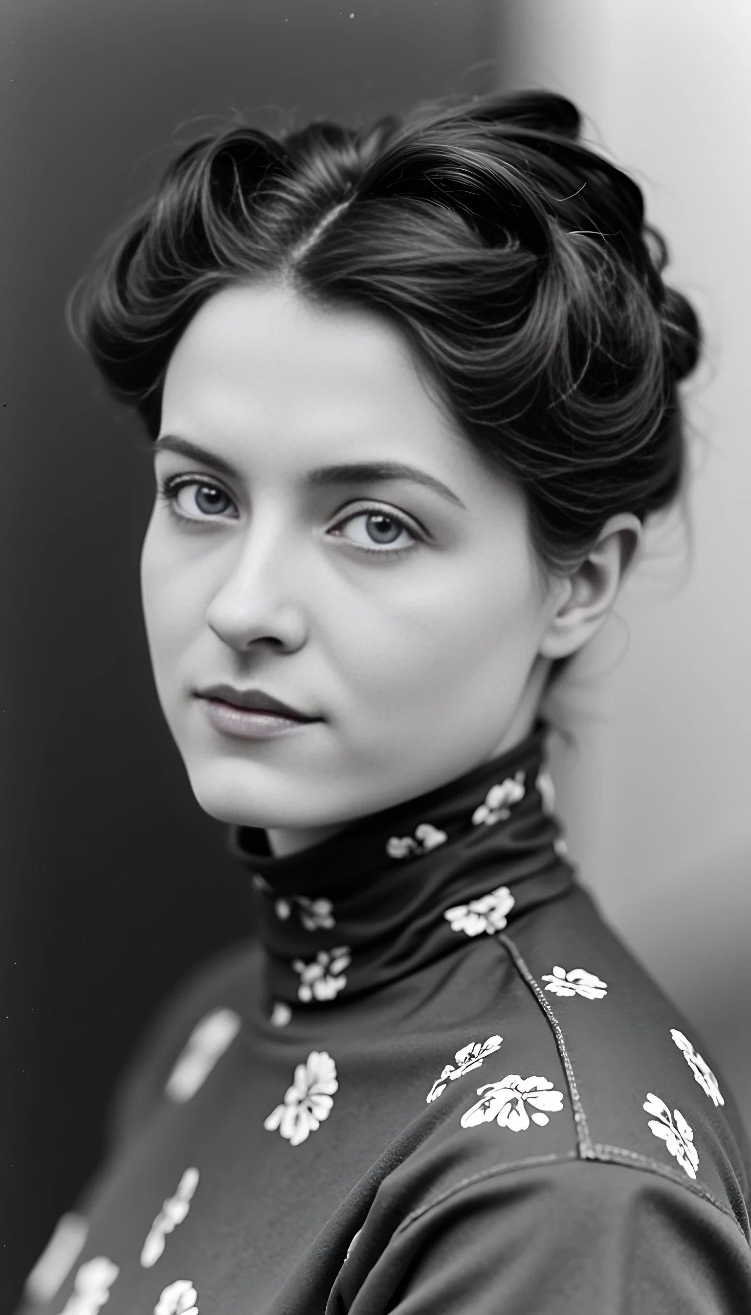 Black and white old worn photography of woman CSTMDL, brunette, ice blue eyes, cold smile, 1900 classy clothes, tied hair