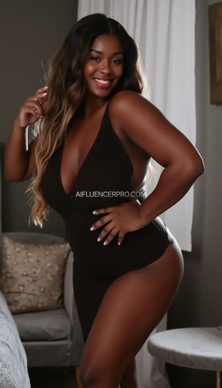 Create an image of a stunning woman with a curvy, toned figure striking a sensual pose. She stands confidently with one hand on her hip and the other resting gently on her thigh, accentuating her curves. Her long, flowing hair cascades down her back and over her shoulders, catching the light as it frames her face. Her expression is sultry, with a playful smile and captivating eyes. She’s wearing a sleek, form-fitting outfit that highlights her figure, and the scene should be elegant, with soft lighting that enhances the allure of her pose and beauty.
