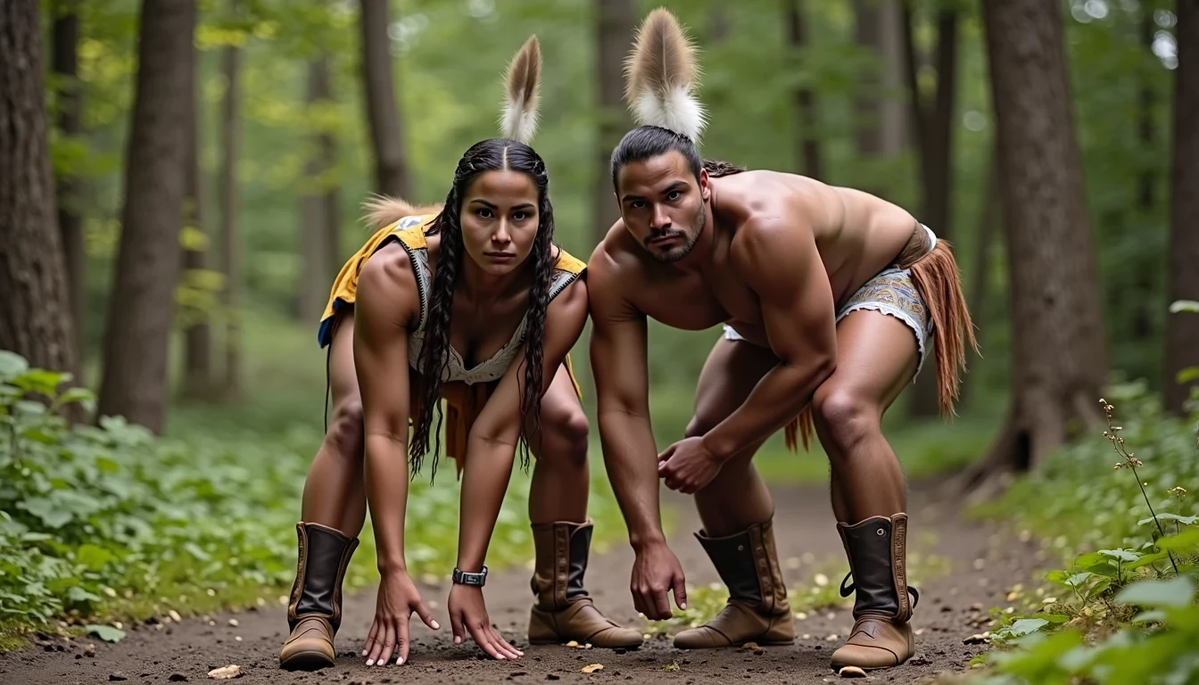 photo of woman CSTMDL, a medium shot photo of, a slim woman, her full body is in the scene, she has a slender petite build with petite small boobs and a flat chest, she has small dark skin nipples with long pointy nipple ducts and small dark skinned areolas, her hair is styled with two long braids she has eagle plumes in her hair, she is not wearing earrings, she is wearing daisy duke denim booty shorts, she is wearing a native American style vest in a golden yellow color over top of her underwear, she is holding her vest open exposing her strapless bra, her bra is a strapless white lace bra, she is wearing white lace panties, she is wearing ankle height smoked hide moccasins, natural lighting, natural light, amateur photography, shot on an iPhone, she is bent over on all fours on the ground with her legs spread wide apart in a densely wooded forest in front of a fat giant native American man, she is maintaining intense eye contact with the camera, a fat giant native American man is directly beside her holding onto her booty, public setting, Hyper realism, 16k, uhd, ultra-sharp focus, perfect meshes and textures, highly detailed, highly accurate reflections, natural lighting, natural light, amateur photography,
