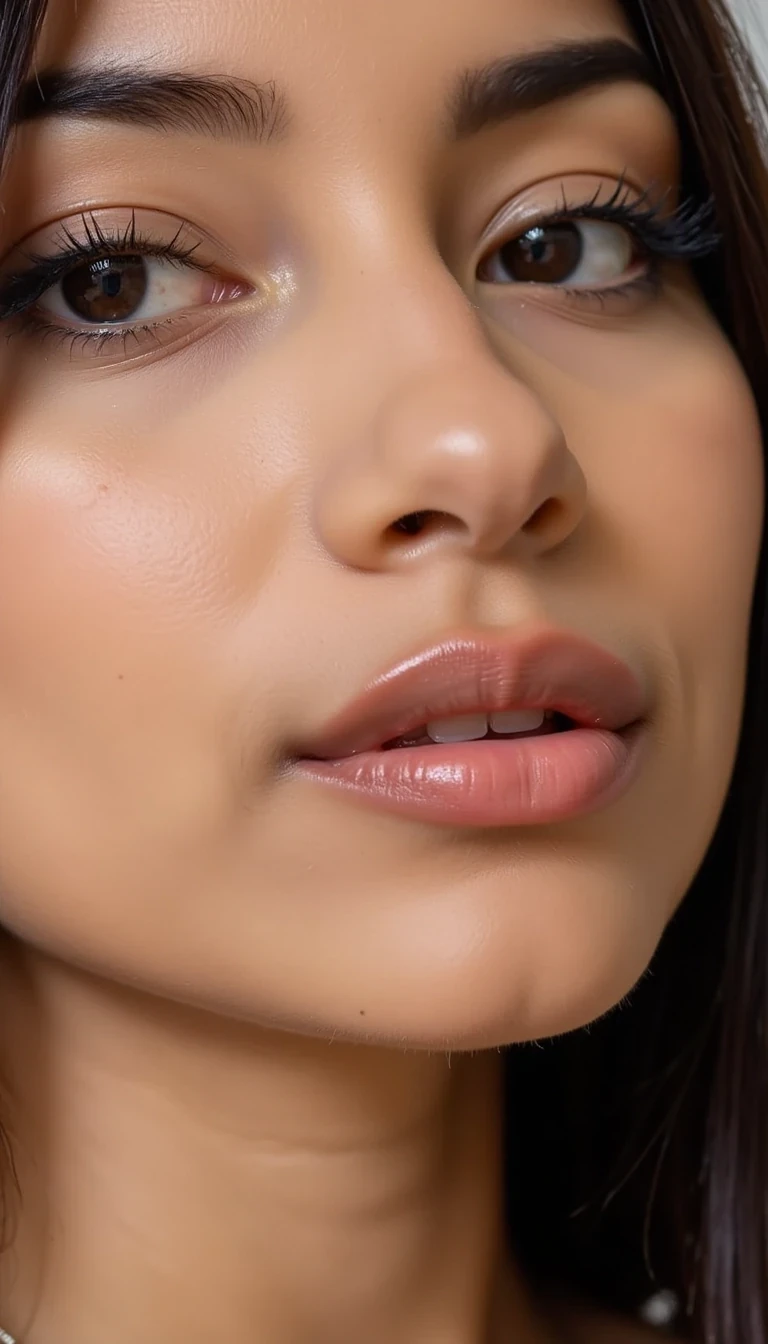 photo of woman CSTMDL, Close-up of her lips (glossy, smirking)
