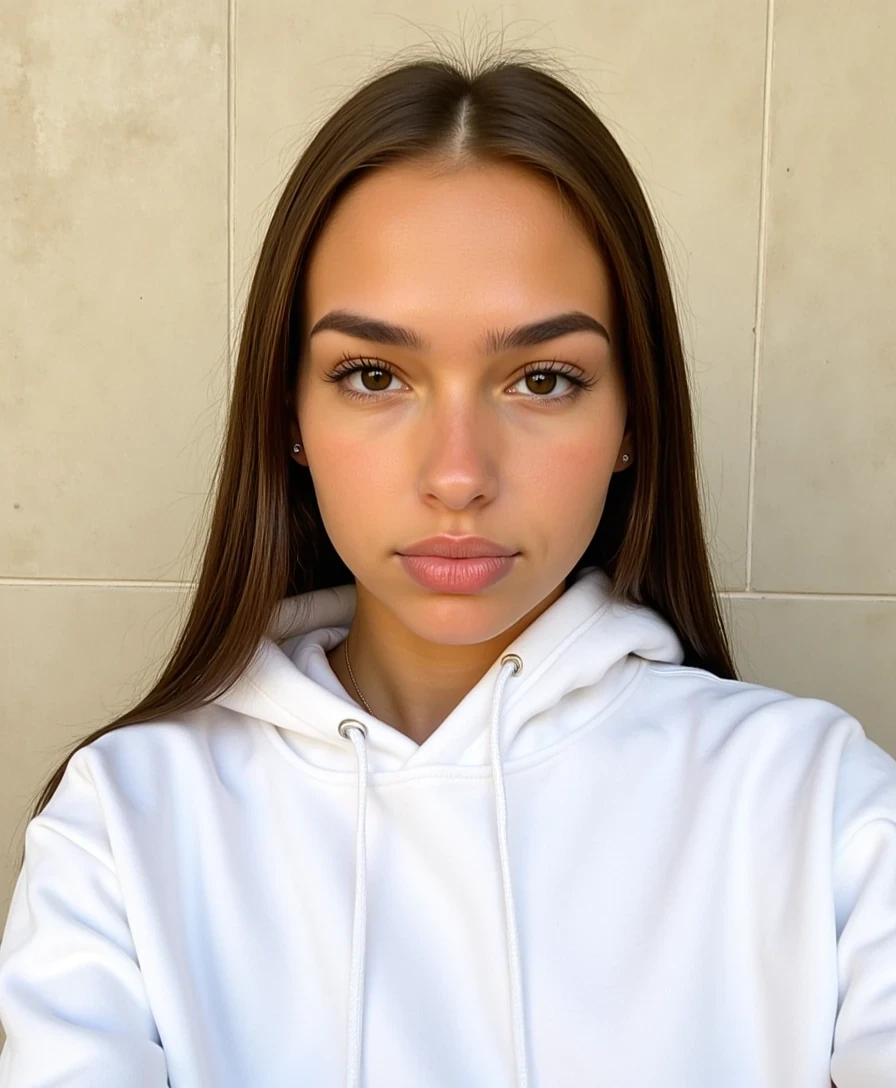 picture of a CSTMDL
Big tits. Large ass. No hip dips. Fit. Wide hips.
She is an 18-year-old girl with long, smooth, medium-dark brown hair (straight to slightly wavy), parted near the center. Her eyes are large, almond-shaped, and warm brown with full lashes and arched brows. She has an hourglass figure: height ~64 in, bust 36 in (28 in underbust), waist 24 in, hips 39 in. Bust is full and projected, waist narrow and flat, hips broad and rounded with lifted glutes. Thighs are full (~24 in), tapering to proportional calves. Arms are slim (~9 in upper arm), shoulders softly broad and balanced with hips. Neck medium, torso compact with a narrow ribcage, legs long relative to torso. Posture upright with mild anterior pelvic tilt. Skin is smooth, lightly tanned, and even-toned.
Scene/Background:
The photo is taken against a wall of light beige stone tiles with visible grout lines, creating a clean, neutral backdrop. The minimal background makes the subject stand out clearly in the frame.

Pose & Camera Angle:
The image is a close-up selfie taken from a slightly tilted angle. The subject wears an expressive, scrunched-up face with lips pursed and eyes squinting, giving the photo a playful and candid tone. A few strands of hair fall across her face, adding movement and informality.

Outfit & Accessories:
She is wearing a white hoodie with the hood pulled up, framing her face. The hoodie’s fabric appears soft and slightly thick, emphasizing comfort. A thin gold necklace rests at her neckline, adding a subtle, elegant detail to the otherwise casual look.

Lighting:
The lighting is natural and soft, illuminating her skin evenly. Highlights emphasize her freckles and the texture of her lips, while shadows around the hood and hair strands add dimension to the portrait.

Mood/Vibe:
The overall mood is casual, candid, and playful. The white hoodie and simple necklace create an easygoing, laid-back look, while the humorous facial expression adds personality. The combination feels authentic, mixing fashion simplicity with a fun, spontaneous energy.