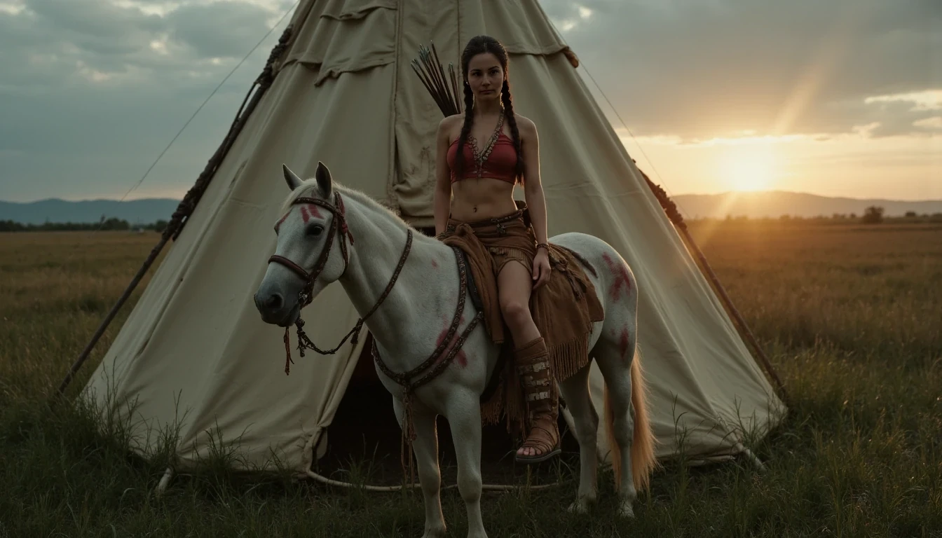 Medium shot photo of a beautiful 25-year-old slim athletic Native American woman warrior with small petite A cup breasts, wearing native American Regalia, posing stoically in front of a round native American plains style tipi. Set under dim natural sunrise light. The sun has barely begun to peek over the horizon. The image has a dull color palette, with the greenery of the ground around the tipi being dark green and browns cast with shadows and dull gray sky meets the sunrise on the horizon enhancing the moody atmosphere. The woman, who is Native American in appearance, has a slim athletic build and petite tiny breasts. She is wearing a traditional smoked hide native American Regalia outfit, it resembles a hard bone material bra and smoked hide leather panties, it is golden smoked hide brown in color. She is wearing bone and leather vambraces on her forearms and leather wraps around her shins. You can still see her entire leather bra and panties. She is wearing smoked hide moccasins on her feet. Her hair is Native American styled with 2 long braids. She is riding a top of a native American warhorse with the reins gripped in one hand and a tomahawk in the other. The horse is adorned in traditional native American warhorse garb. The horse is tall and white, with spots ofbred warpaint. She has a primitive archery bow and a bundle of arrows in a native American style quiver on her back. The woman is looking directly at the camera stoically without any other expression. She has red warpaint on her body and face. There is no explicit nudity visible. Cinematic shooting style. Romantic setting