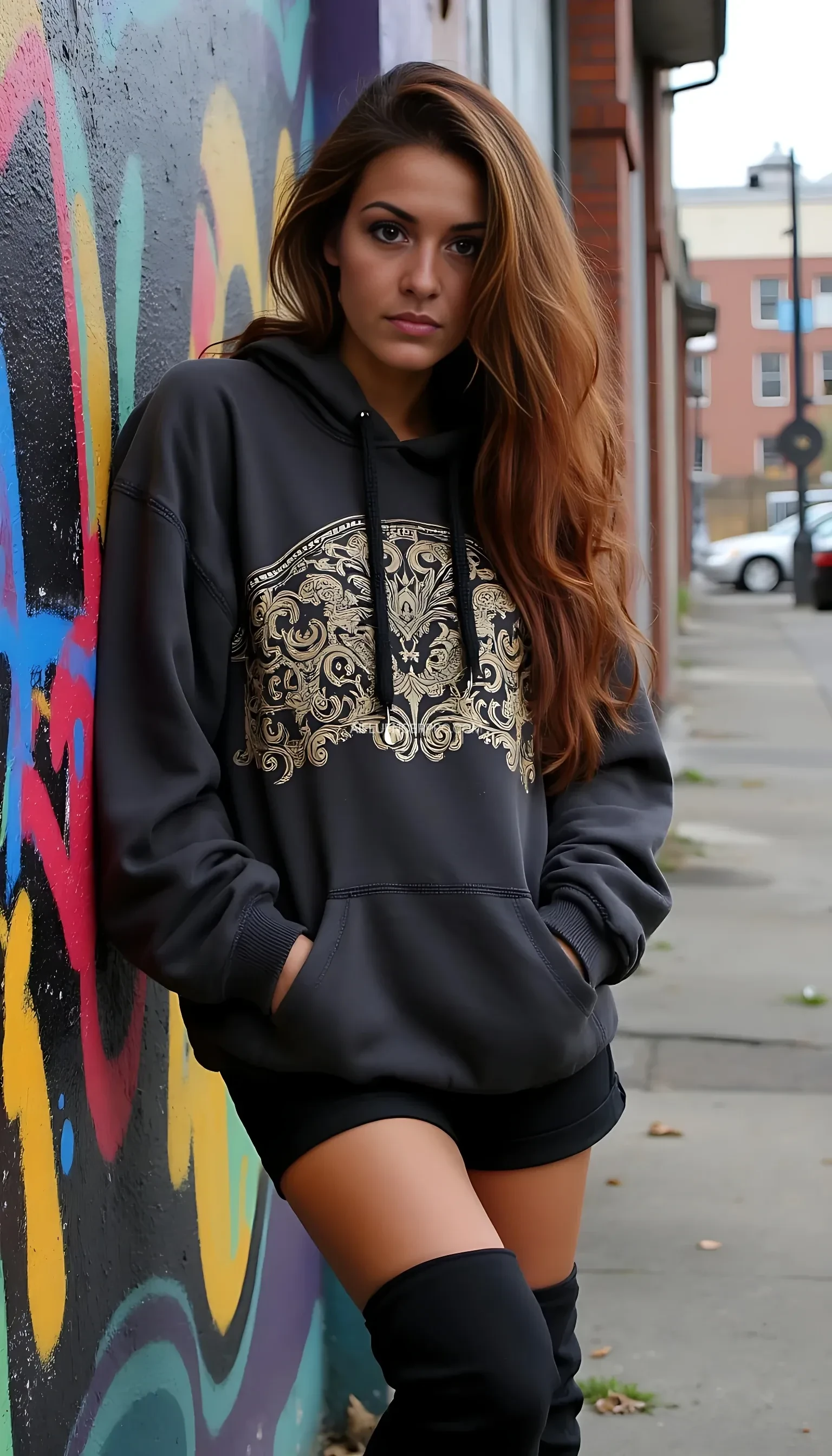 A breathtakingly beautiful Indian woman with mesmerizing blue eyes and long, wavy hair cascading in rich, reddish-brown highlights- She is elegantly dressed in a stunning, intricately designed Wearing an oversized hoodie and thigh-high boots, leaning against a graffiti wall in an urban city.