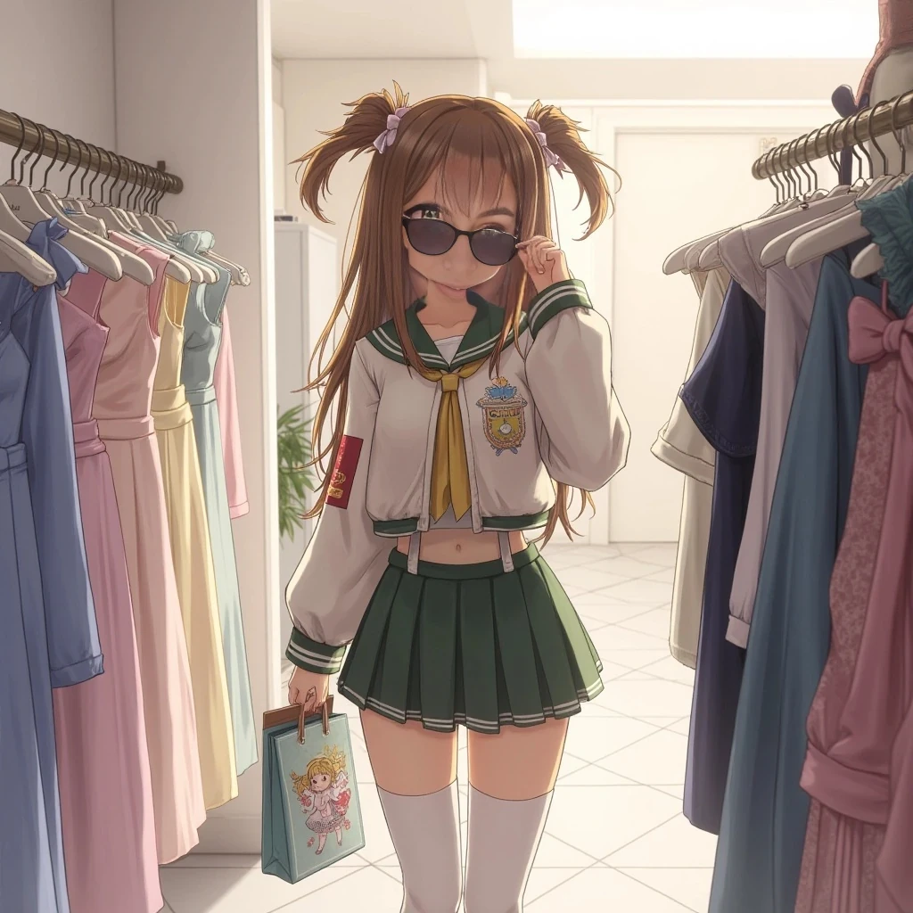 boring low quality snapshot, low-quality picture, realistic, age 22, tanned skin, clear face, long hair brown with blonde highlights, huge breasts, light green eyes, round ass, fit and proportionate figure, 5'4" tall, lowest quality, 1080 hd, She’s mid-step in a quiet boutique, caught in a candid moment between racks of pastel skirts and glittery accessories. Dressed in her anime cosplay—think school idol or magical girl—she wears a pleated mini skirt, thigh-high socks, and a cropped jacket with embroidered patches. Her wig is styled perfectly, twin buns with ribbons trailing, and she holds a small shopping bag in one hand while the other adjusts her oversized sunglasses.

The background is minimal: clean white walls, a few hanging garments, and soft lighting that casts a gentle glow across her face. Her expression is playful, lips parted in a half-smile as she glances sideways—like she’s just spotted something she has to try on next.