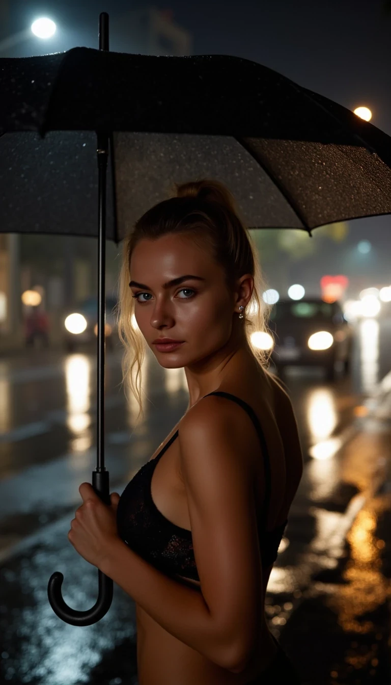 CSTMDL Mia. A fair-skinned young woman in her 20s with a blonde high ponytail and an athletic, feminine build, brest C-Cup. She walks through heavy rain holding a classic black umbrella above her head. Her face is calm and serene, looking slightly downward. Raindrops splash around her, water glistens on the pavement. Her hair is damp, small strands stick to her forehead. The umbrella shields part of her face, while city lights reflect in puddles around her. The background is blurred but shows silhouettes of buildings and distant headlights, creating a moody cinematic atmosphere.