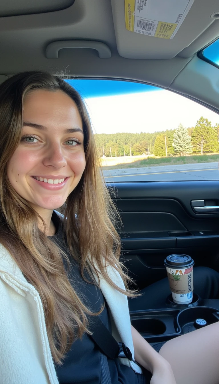 boring low quality snapchat photo circa 2015, A young woman with a warm smile, sitting in the driver's seat of a cozy car. She has soft, wavy brown hair cascading past her shoulders. The sunlight streams through the window, casting a gentle glow on her face. The interior of the car is neat and comfortable, with a coffee cup in the cup holder and a small plant on the dashboard. The background outside the window shows a scenic road lined with trees and blue skies