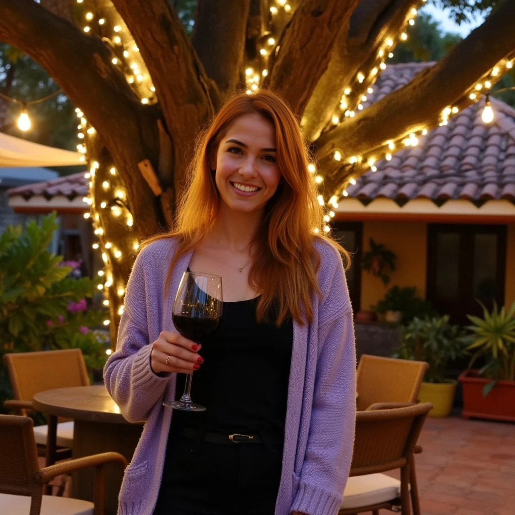 A full body shot photo of a woman standing outdoors at a cozy, warmly lit patio in the evening, with soft, glowing lights wrapped around a tree behind them creating a charming atmosphere. The image is rich in detail, with warm tones and clear textures throughout. The woman has fair skin, a slim build, and long reddish-blonde hair, also worn loose. She is smiling warmly at the camera, holding a glass of red wine in her right hand, and wears a soft-textured lavender cardigan over a black top. The background features a large tree with sparkling string lights wrapped around its trunk and branches, adding a magical touch to the scene. The setting suggests a private outdoor seating area, with elements like terracotta-tiled roofing, greenery, and rattan chairs contributing to a serene, inviting vibe. The overall composition is balanced, with the woman framed against the softly glowing tree, and the lighting enhances the warm, intimate feel of a quiet evening shared among friends. The details are vivid, with textures of clothing, skin, and background elements clearly visible, while the warm lighting creates a relaxed and joyful mood