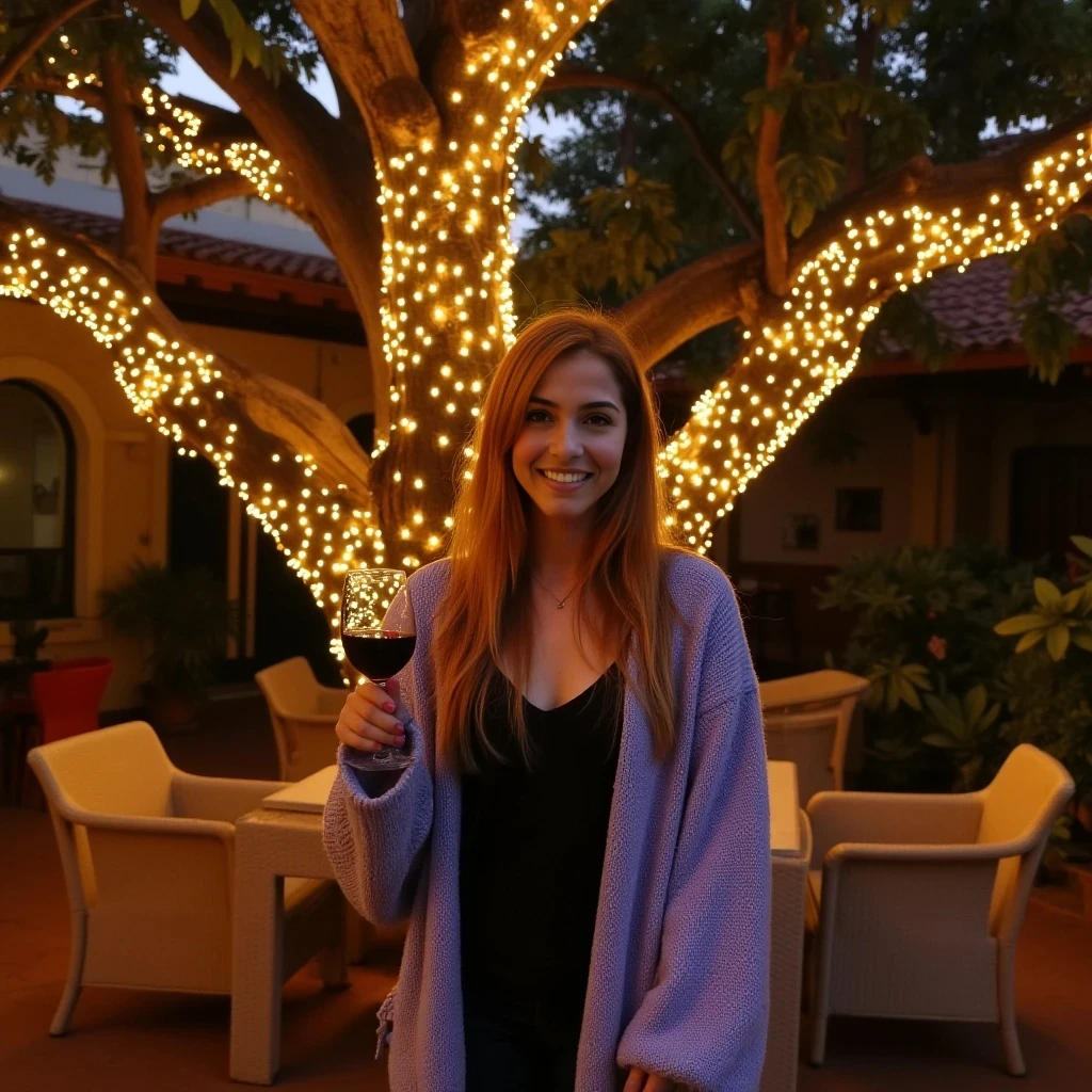 A full body shot photo of a woman standing outdoors at a cozy, warmly lit patio in the evening, with soft, glowing lights wrapped around a tree behind them creating a charming atmosphere. The image is rich in detail, with warm tones and clear textures throughout. The woman has fair skin, a slim build, and long reddish-blonde hair, also worn loose. She is smiling warmly at the camera, holding a glass of red wine in her right hand, and wears a soft-textured lavender cardigan over a black top. The background features a large tree with sparkling string lights wrapped around its trunk and branches, adding a magical touch to the scene. The setting suggests a private outdoor seating area, with elements like terracotta-tiled roofing, greenery, and rattan chairs contributing to a serene, inviting vibe. The overall composition is balanced, with the woman framed against the softly glowing tree, and the lighting enhances the warm, intimate feel of a quiet evening shared among friends. The details are vivid, with textures of clothing, skin, and background elements clearly visible, while the warm lighting creates a relaxed and joyful mood