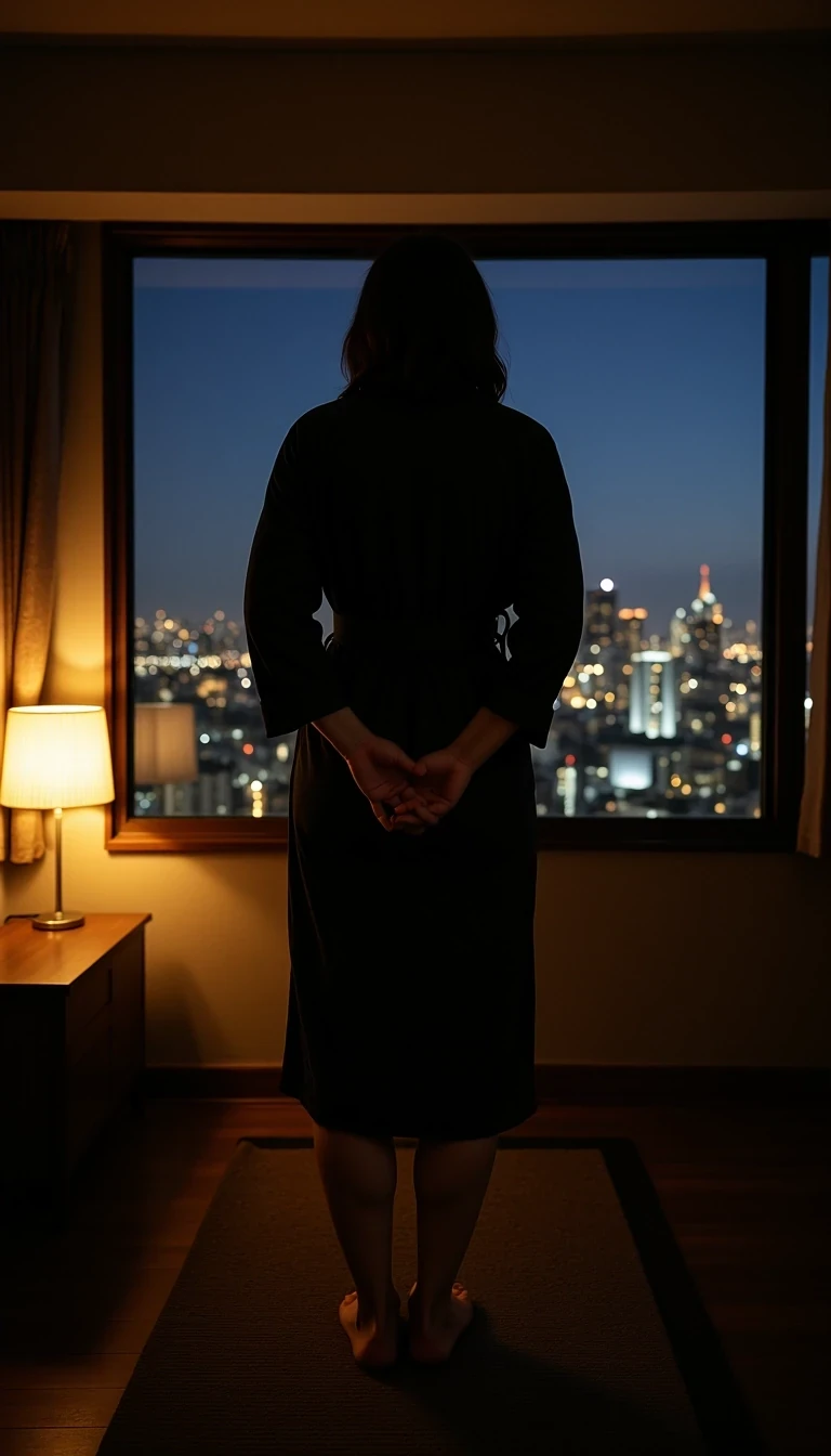Model age: 23
Style: Powerful, Elegant, Editorial, Dark Glamour, CSTMDL woman
Standing barefoot in robe at night, facing tokyo city window, hands behind back, power in solitude