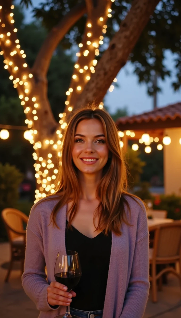 Boring low quality snapchat photo circa 2015 photo of CSTMDL woman standing outdoors at a cozy, warmly lit patio in the evening, with soft, glowing lights wrapped around a tree behind them creating a charming atmosphere. The image is rich in detail, with warm tones and clear textures throughout. The woman has fair skin, a slim build, and long reddish-blonde hair, also worn loose. She is smiling warmly at the camera, holding a glass of red wine in her right hand, and wears a soft-textured lavender cardigan over a black top. The background features a large tree with sparkling string lights wrapped around its trunk and branches, adding a magical touch to the scene. The setting suggests a private outdoor seating area, with elements like terracotta-tiled roofing, greenery, and rattan chairs contributing to a serene, inviting vibe. The overall composition is balanced, with the woman framed against the softly glowing tree, and the lighting enhances the warm, intimate feel of a quiet evening shared among friends. The details are vivid, with textures of clothing, skin, and background elements clearly visible, while the warm lighting creates a relaxed and joyful mood