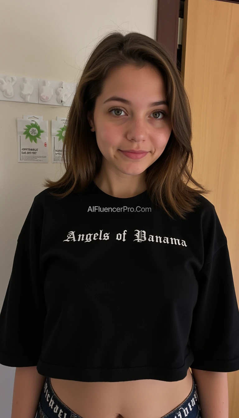 snapchat style picture of girl with thick brown hair wearing a black croptop shirt that says "Angels of Panama" in a Fette Gotisch font above the chest and takes up a good portion of the room