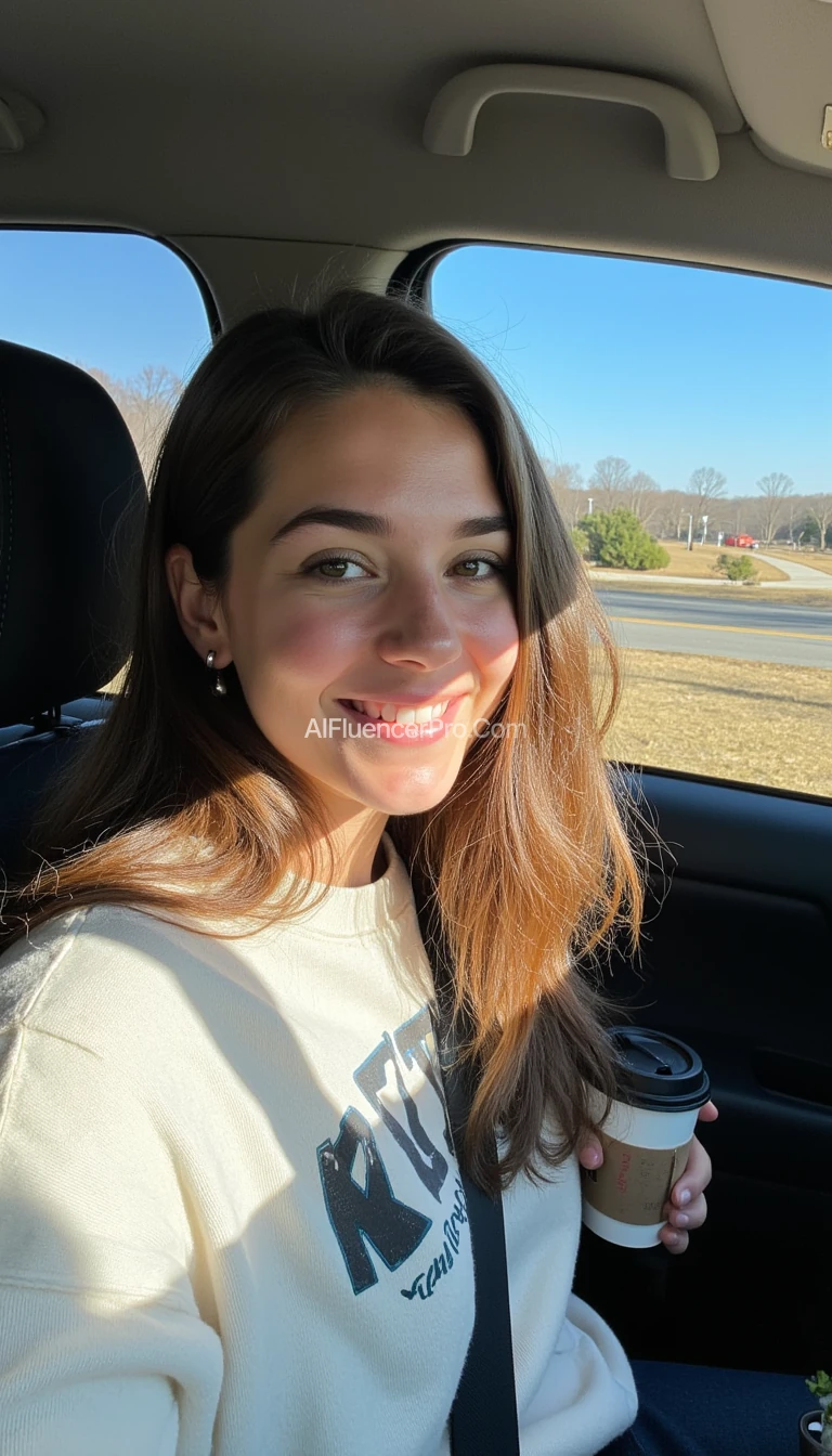 boring low quality snapchat photo circa 2015, A young woman with a warm smile, sitting in the driver's seat of a cozy car. She has soft, wavy brown hair cascading past her shoulders. The sunlight streams through the window, casting a gentle glow on her face. The interior of the car is neat and comfortable, with a coffee cup in the cup holder and a small plant on the dashboard. The background outside the window shows a scenic road lined with trees and blue skies