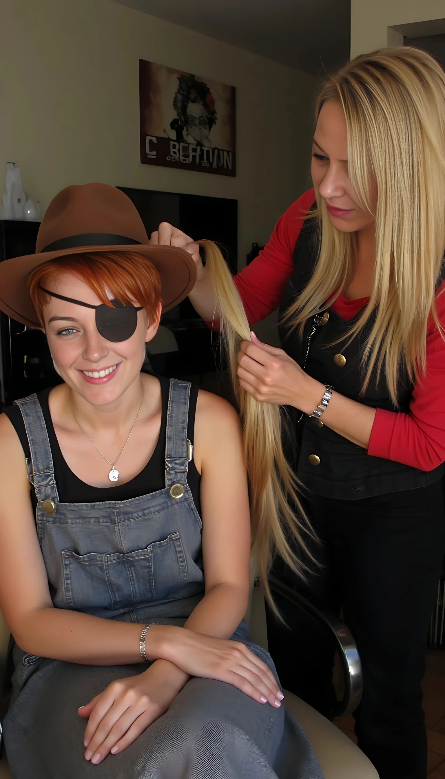 A short natural redhead pixie cut on a women. An eye patch on the just the left eye covering it. A brown cowboy hat. Playful smile. Realistic high quality photo. A long haired blonde woman next to her. The redhead is cutting the woman’s long blonde hair off in a ponytail. The blonde woman is crying in her chair. Show both women.
