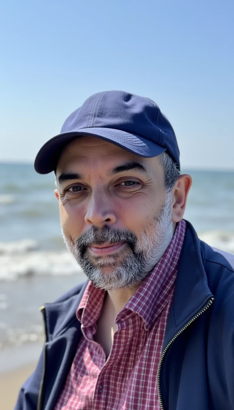 A middle-aged man with a salt-and-pepper beard and mustache, wearing a navy blue cap and a dark jacket over a red checkered shirt. He stands on a beach with the ocean forming a blurred backdrop under a clear blue sky. His expression is calm and content, with his eyes gently squinting, possibly due to sunlight. Waves in the ocean create a dynamic yet serene background.