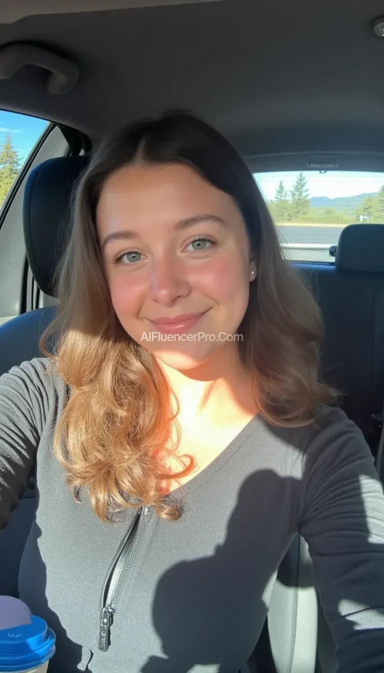 boring low quality snapchat photo circa 2015, A young woman with a warm smile, sitting in the driver's seat of a cozy car. She has soft, wavy brown hair cascading past her shoulders. The sunlight streams through the window, casting a gentle glow on her face. The interior of the car is neat and comfortable, with a coffee cup in the cup holder and a small plant on the dashboard. The background outside the window shows a scenic road lined with trees and blue skies she is exposing her breasts