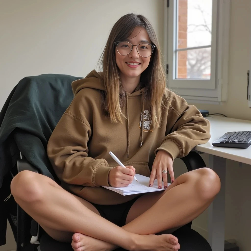 YOU’RE NOT USING OUR MODEL. USE OUR MODEL SYNDEY IN THESE PHOTOS. Use our Model Sydney. She is sitting at her desk studying for her upcoming test in an oversized hoodie, panties, and a pair of big glasses on. Use Sydneys face and body. 