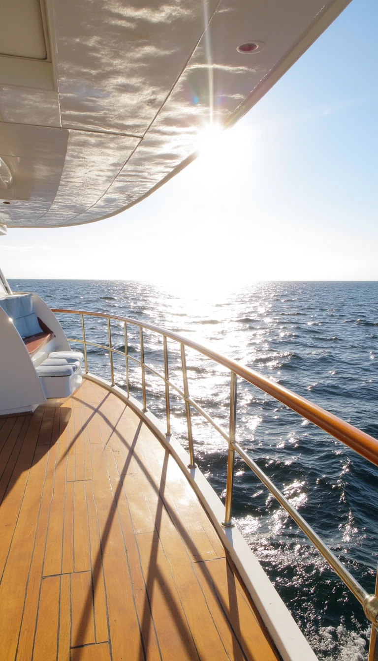 
boring low quality around 2015 photo snapchat type, of the deck of a luxury white yacht, polished wood flooring, gold railings, sunlight reflections on the ocean, cinematic high-end travel vibe, 8k resolution