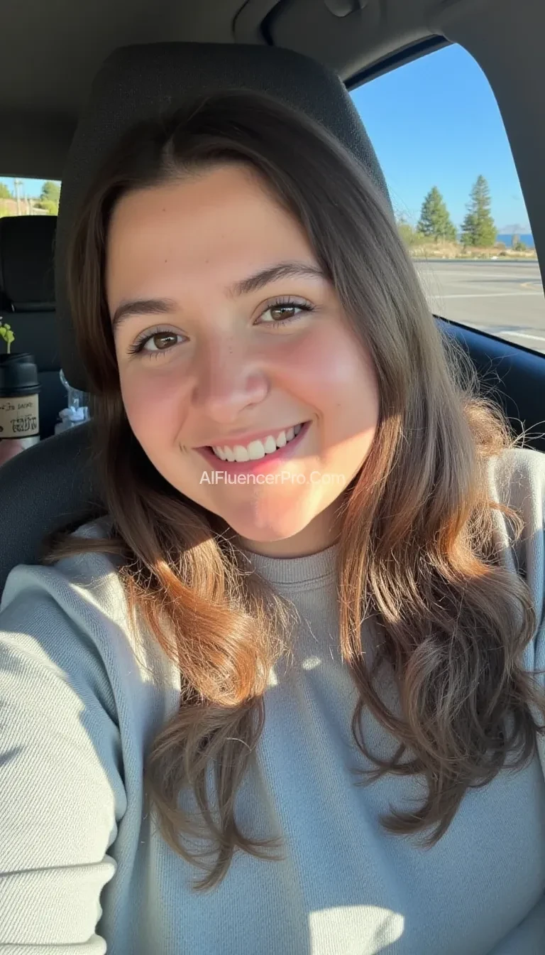 boring low quality snapchat photo circa 2015, A young woman with a warm smile, sitting in the driver's seat of a cozy car. She has soft, wavy brown hair cascading past her shoulders. The sunlight streams through the window, casting a gentle glow on her face. The interior of the car is neat and comfortable, with a coffee cup in the cup holder and a small plant on the dashboard. The background outside the window shows a scenic road lined with trees and blue skies