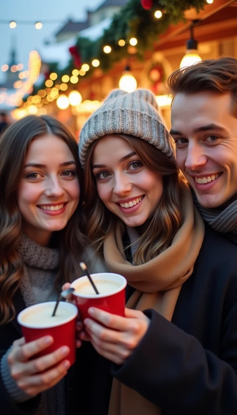 A low-quality Snapchat-style photo from around 2015, capturing a young woman with a warm, relaxed expression, standing outside at a bustling Christmas market with a friend and a male friend beside her. She has soft, wavy brown hair tucked under a cozy winter hat, and all three are bundled up in scarves and coats. The scene around them is lively, with festive holiday lights strung overhead, small wooden stalls selling holiday treats, and the soft glow of warm lights illuminating their faces. In their hands, they hold steaming cups of hot chocolate or mulled wine, adding to the cozy, festive feel. The background is filled with decorations, pine wreaths, and people enjoying the holiday atmosphere, capturing a joyful, wintry Christmas moment.