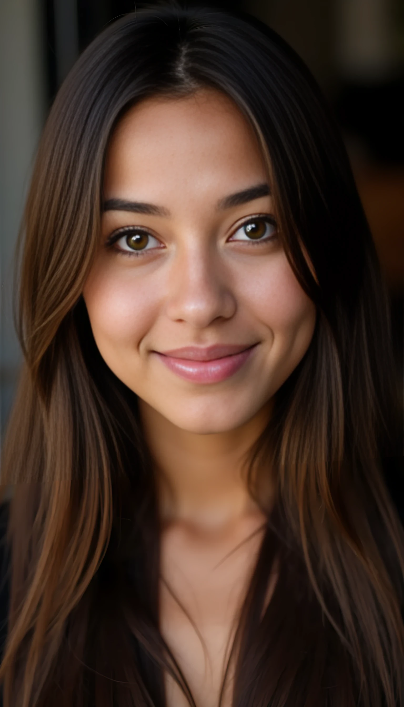 A portrait photo of a beautiful 20 years old model, mixed ethnicity of half white American half Brazilian, with silky brunette hair, amber brown eyes, ultra detailed eyes with sharp iris reflections, slight smile, studio-quality, extremely realistic HD